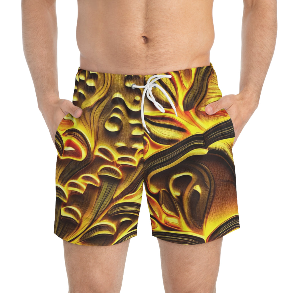 Golden Swirl Swim Trunks — Abstract Tropical AOP Beach Shorts