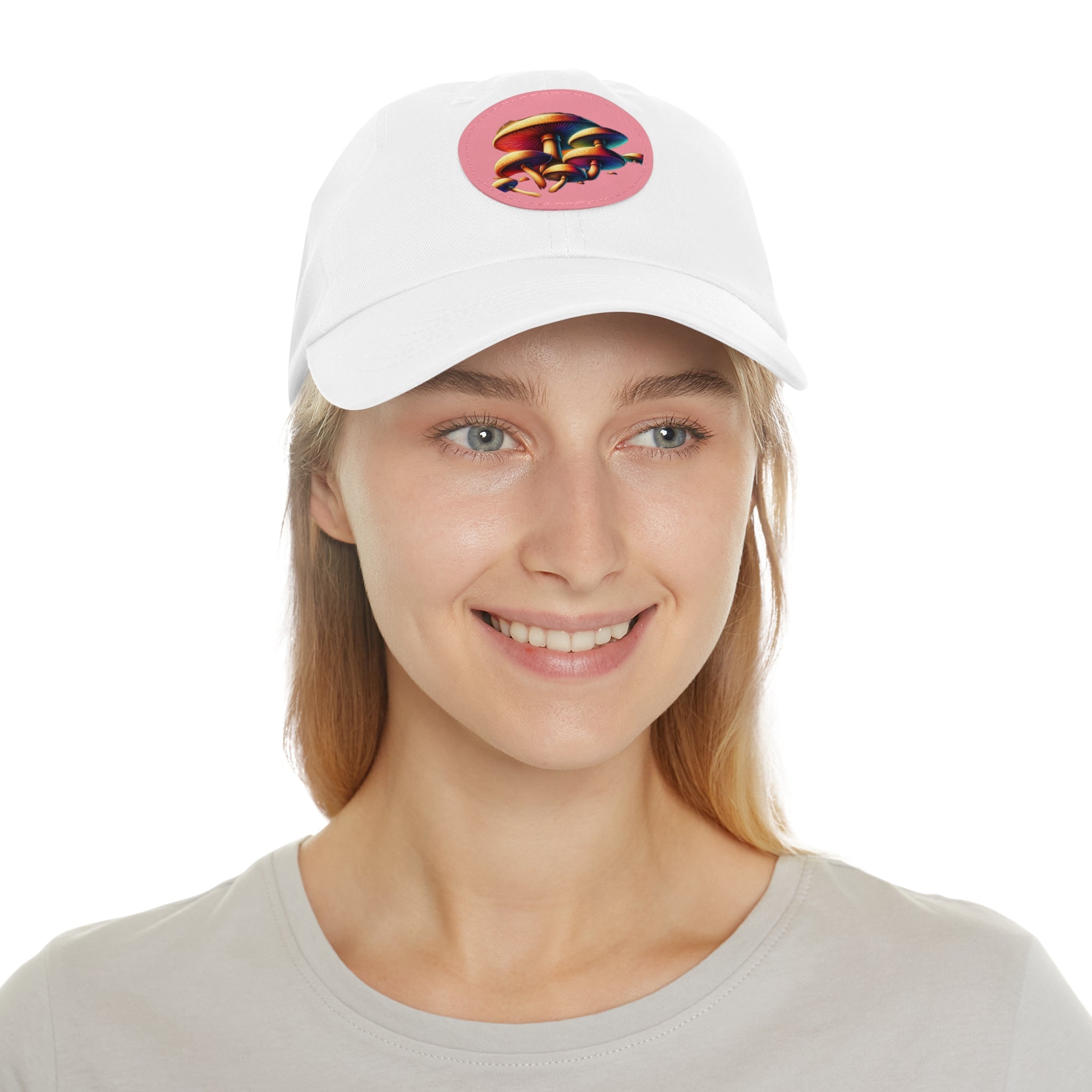 Mushroom Patch Dad Hat — Colorful Psychedelic Fungi Leather Patch Cap