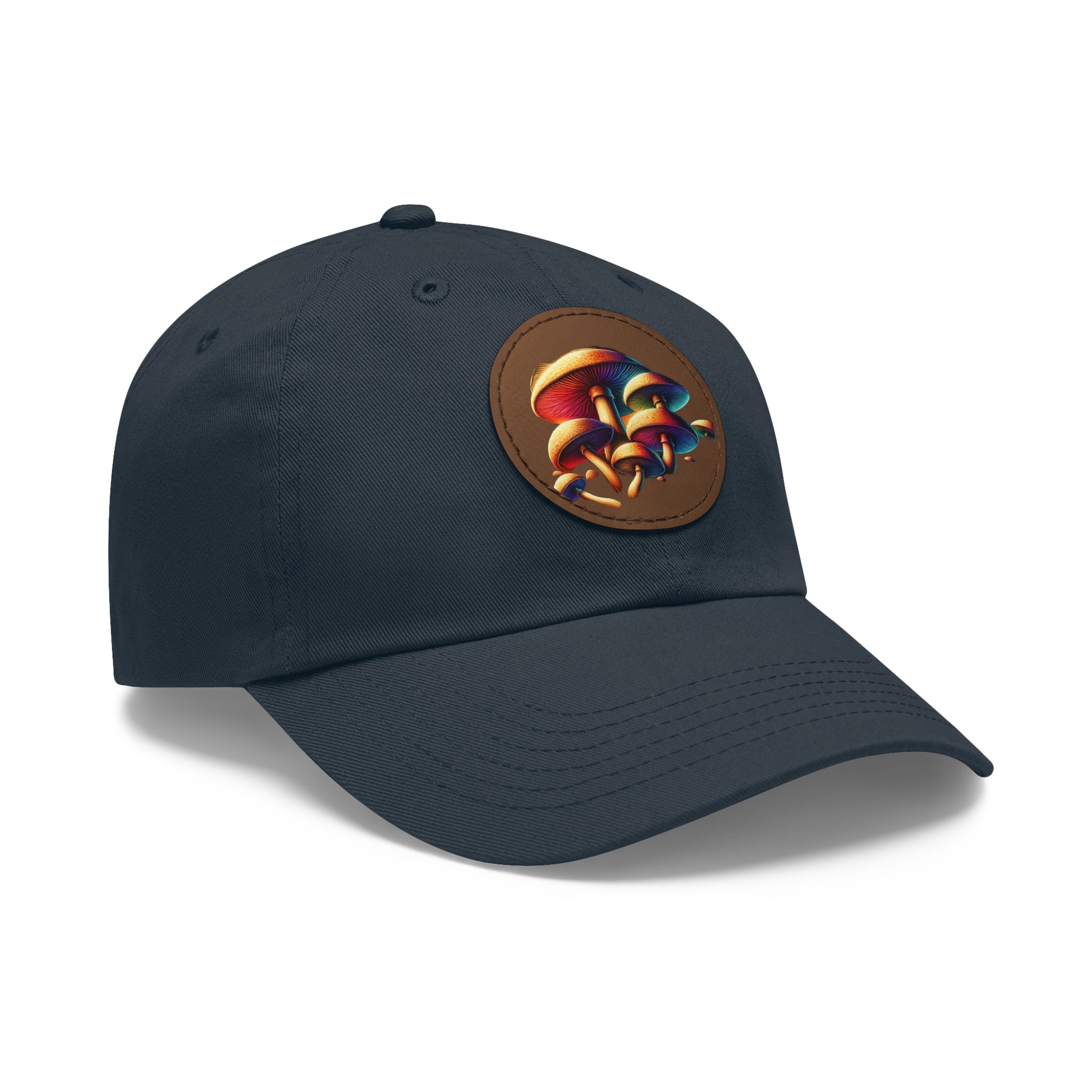 Mushroom Patch Dad Hat — Colorful Psychedelic Fungi Leather Patch Cap