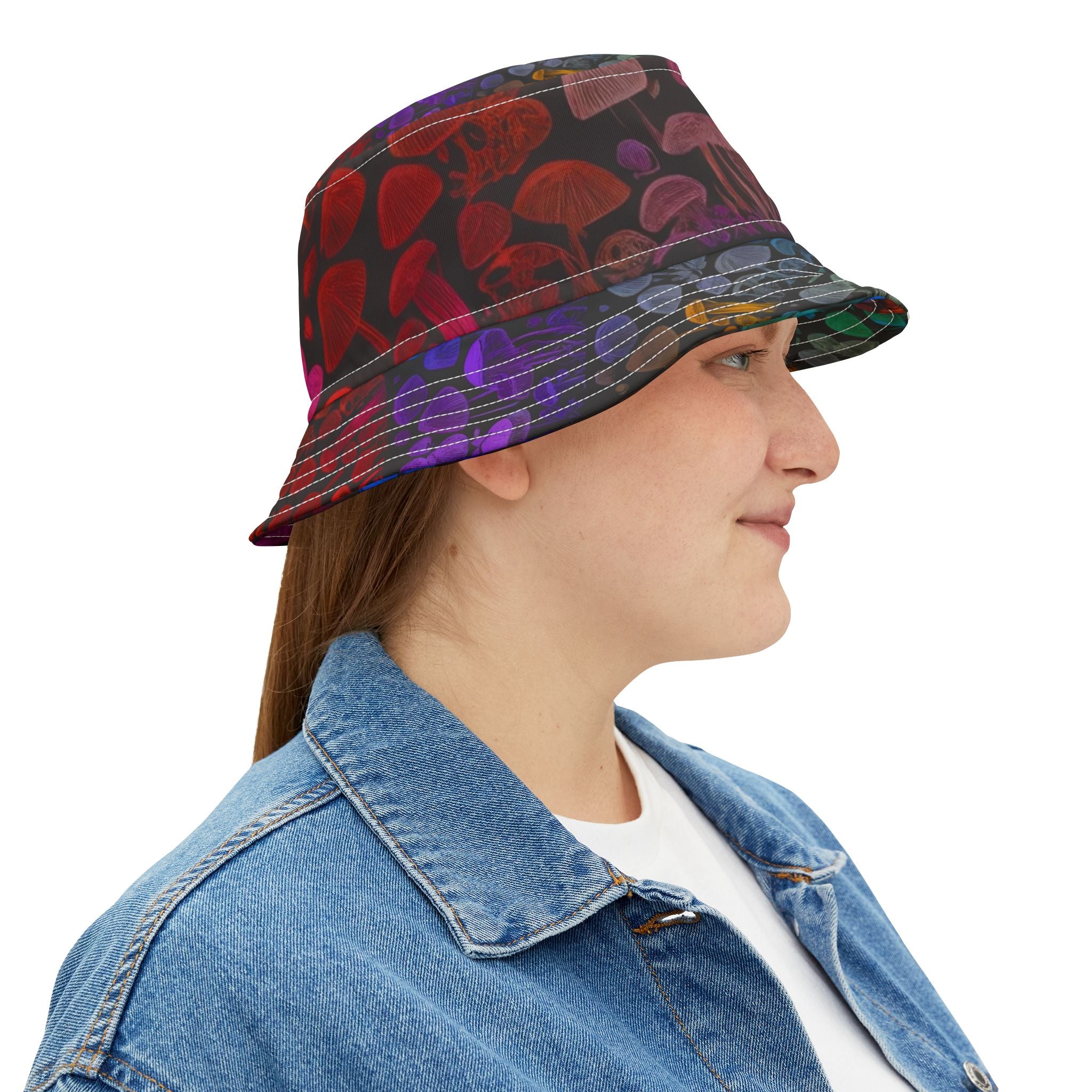 Psychedelic Mushroom Print Bucket Hat - Rainbow Jellyfish & Fungi AOP