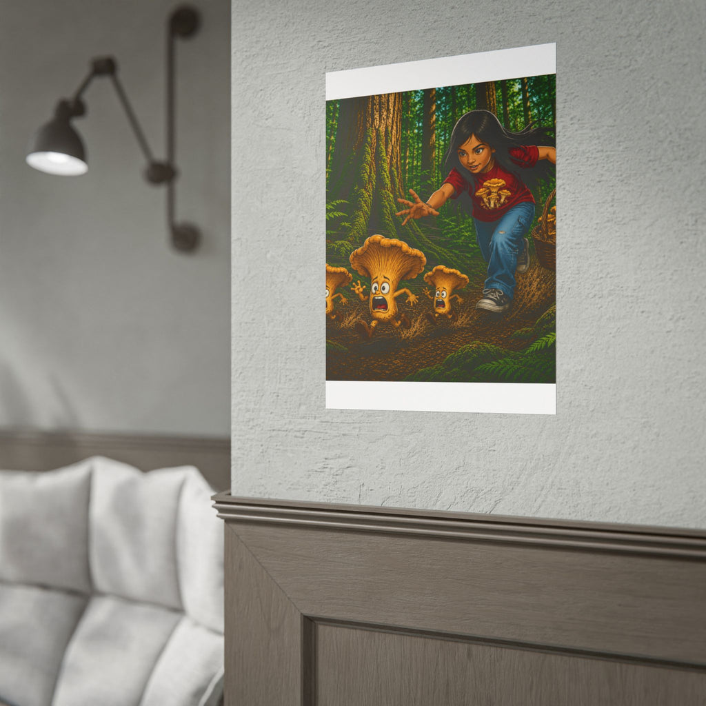 Rolled Poster: Girl Chasing Animated Mushrooms Forest Art Print