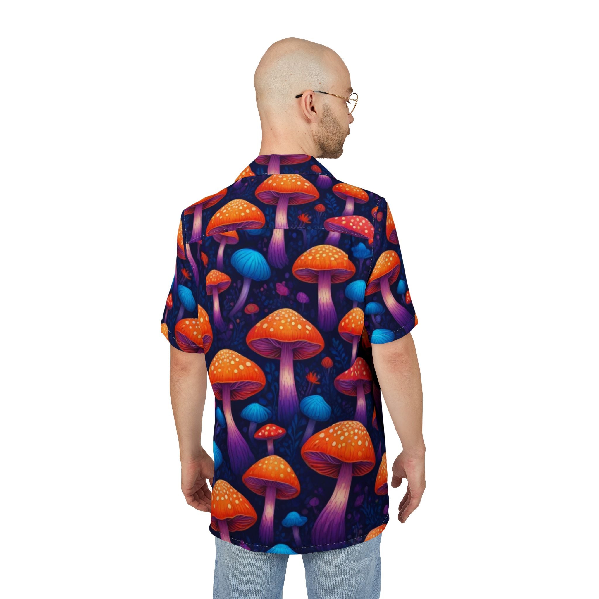 Psychedelic Mushroom Hawaiian Shirt — Neon Orange & Purple AOP Button-Down