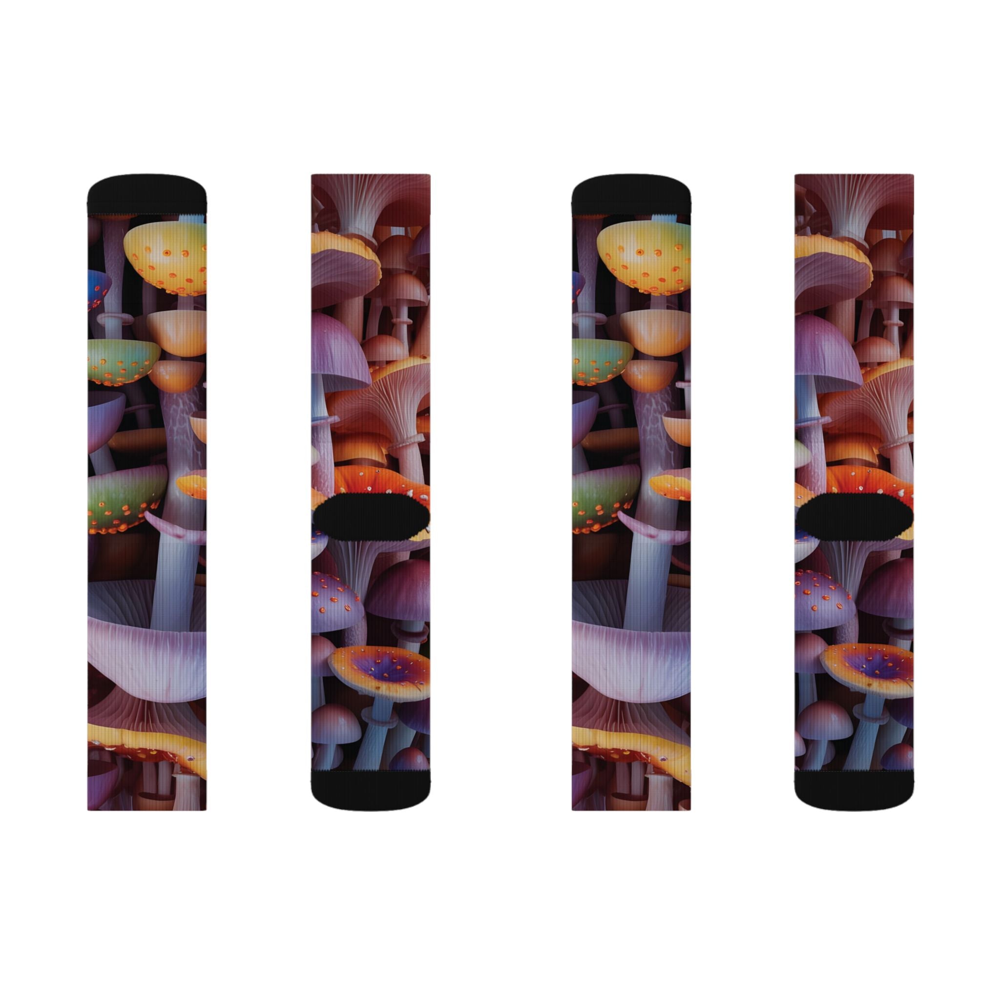 Socks: Mushroom Forest Sublimation Socks — Colorful Psychedelic Fungi Crew Socks