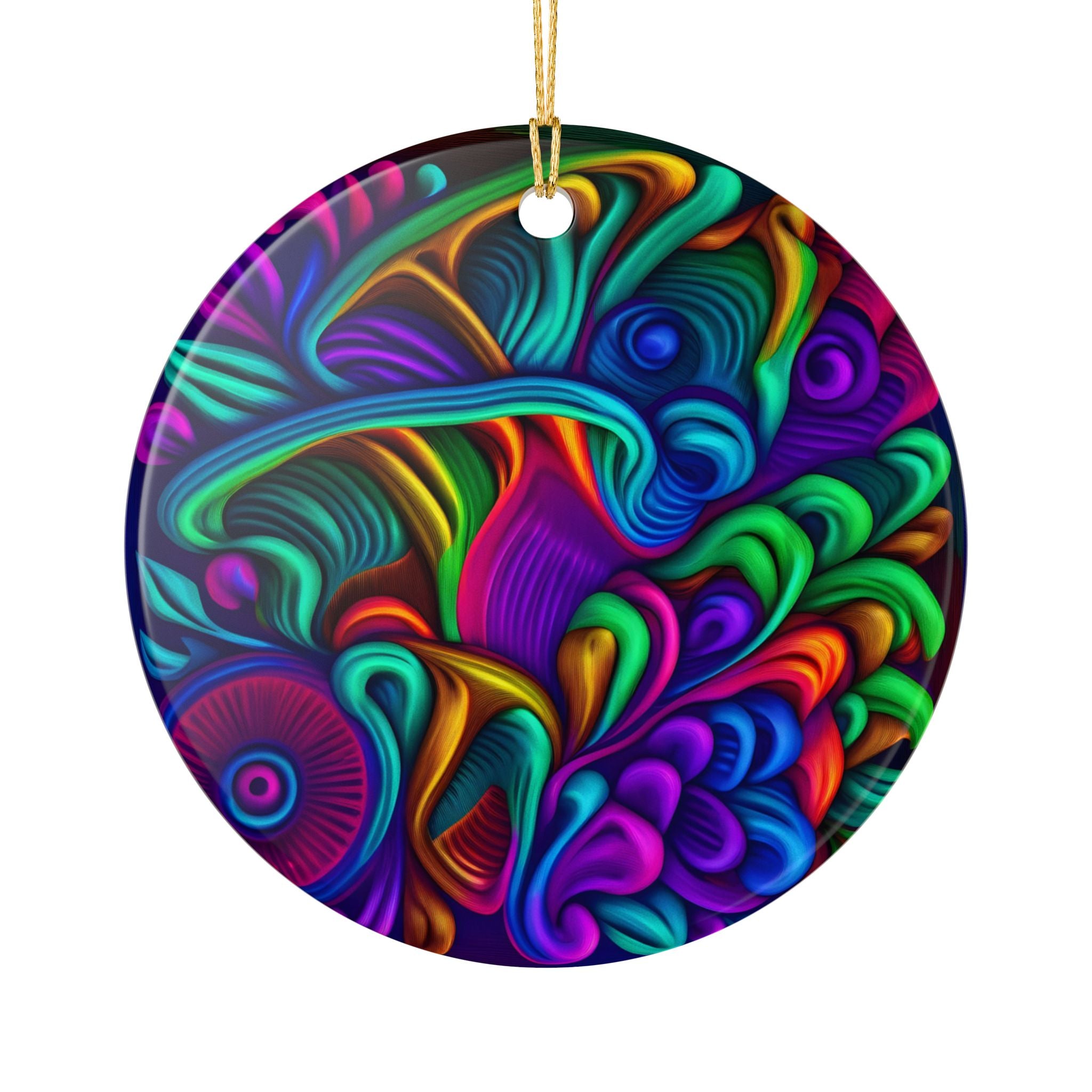 Ceramic Ornament: Heart Ceramic Ornament — Vibrant Abstract Rainbow Swirl Decoration