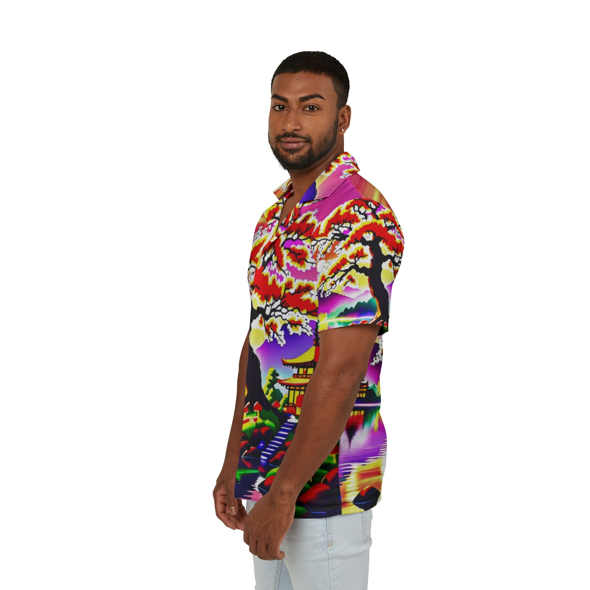 Men's Hawaiian Shirt — Vibrant Neon Sakura Island Print