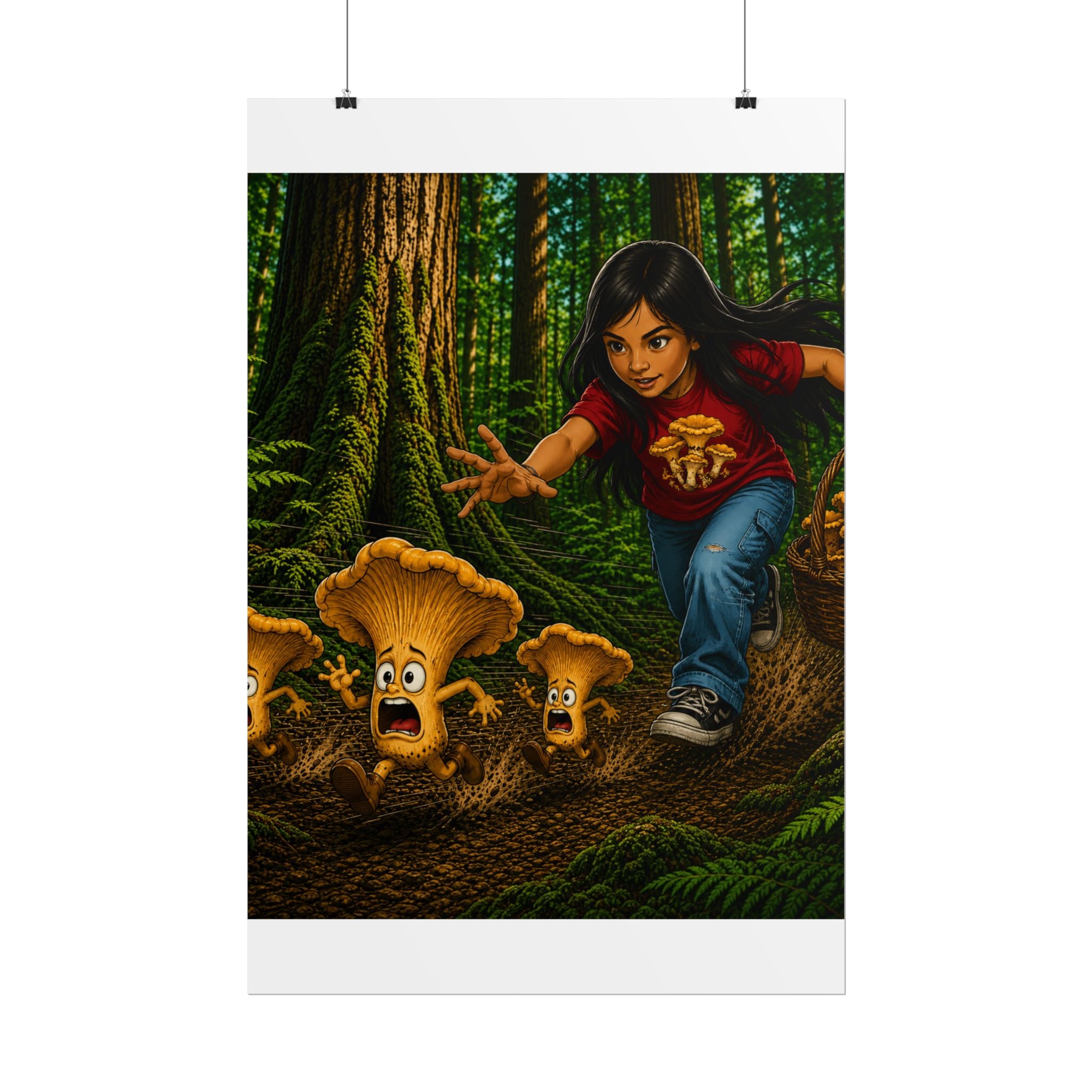 Rolled Poster: Girl Chasing Animated Mushrooms Forest Art Print
