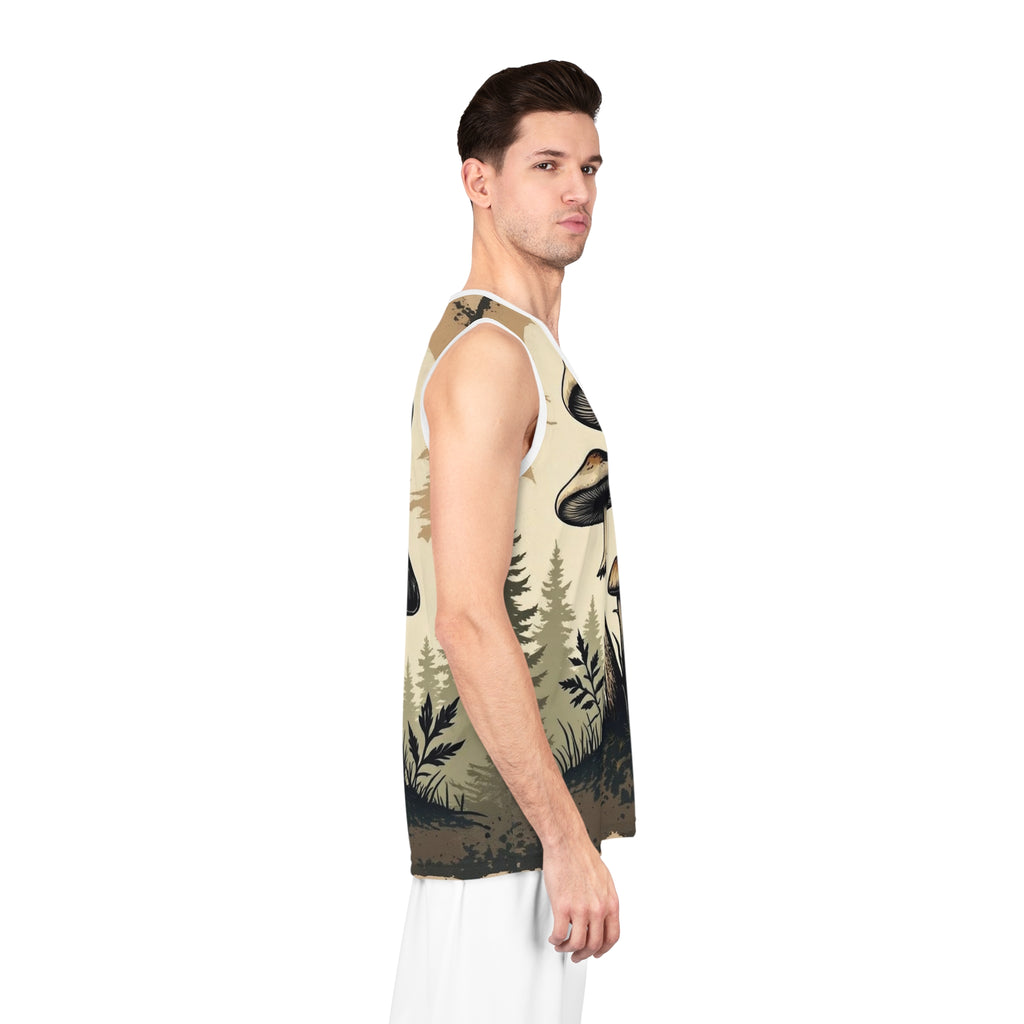 Camiseta de baloncesto Mushroom Forest — Estampado psicodélico vintage de hongos por toda la prenda