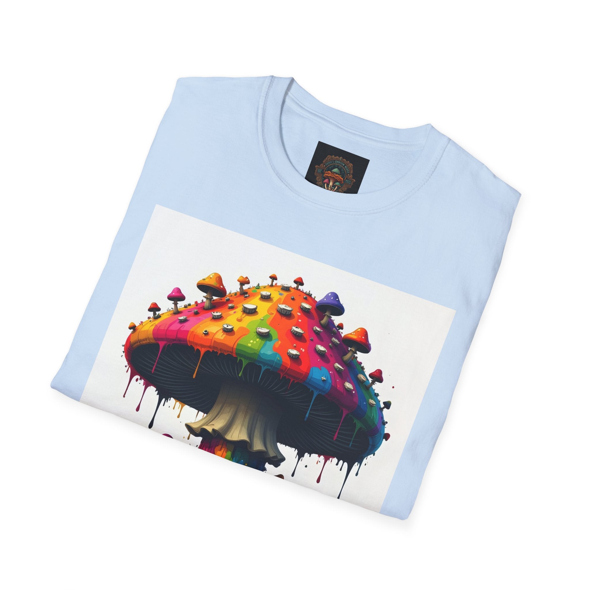 Piper's Shroom Works T-Shirt — Rainbow Drip Mushroom Graphic Tee