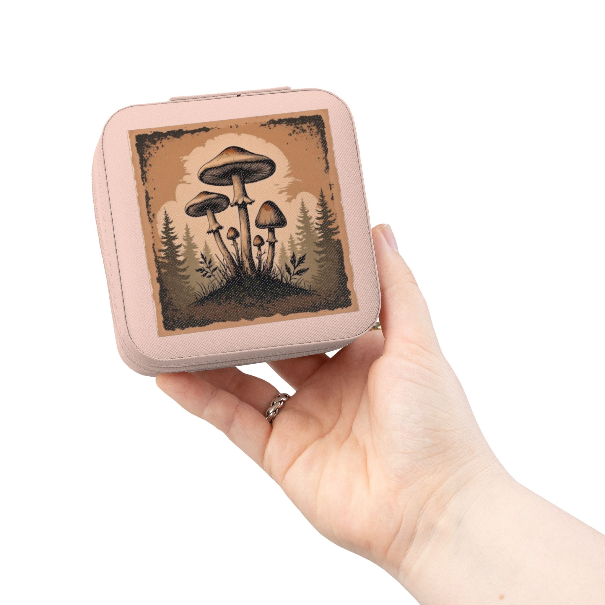 Mushroom Forest Jewelry Travel Case — Compact Velvet-Lined Organizer