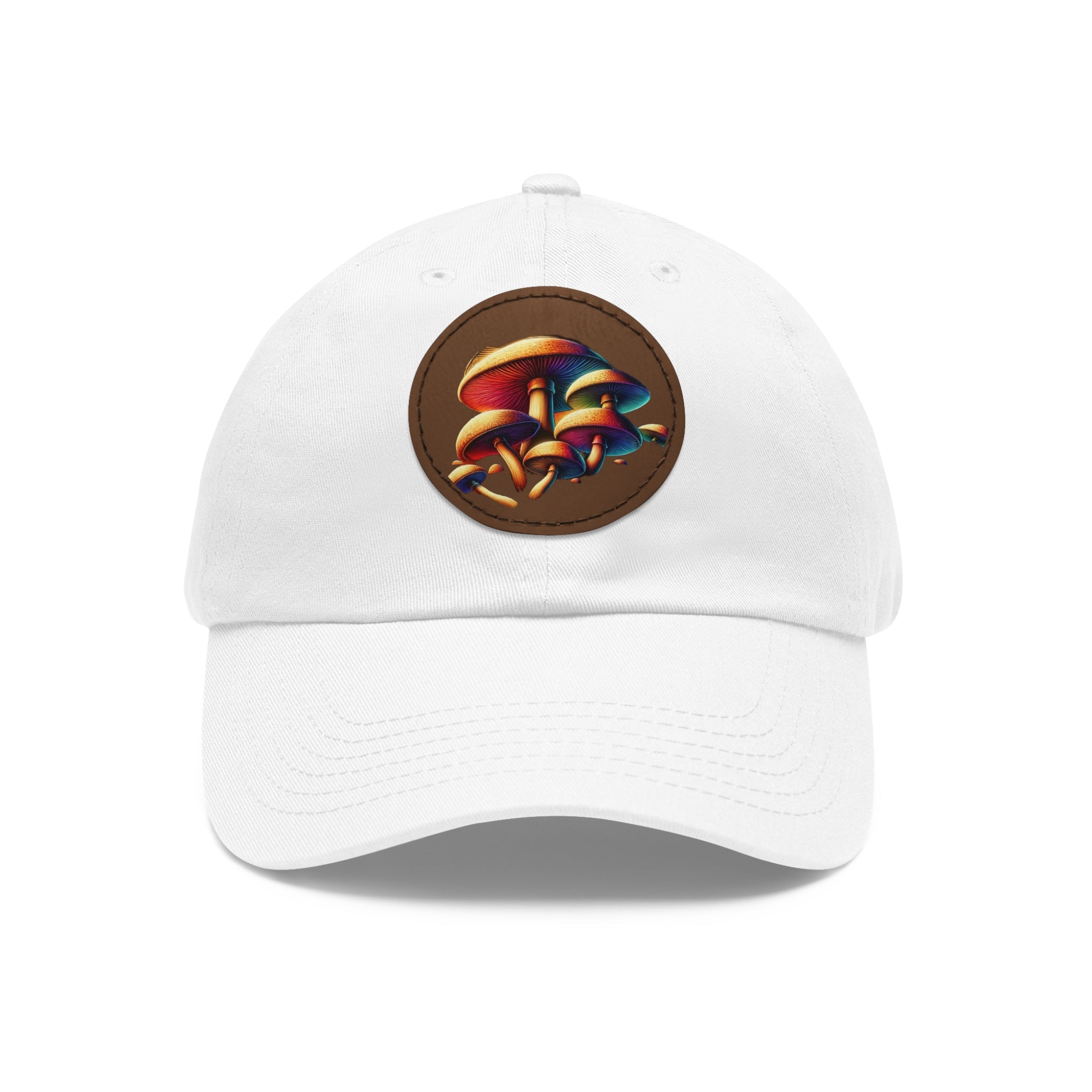 Mushroom Patch Dad Hat — Colorful Psychedelic Fungi Leather Patch Cap
