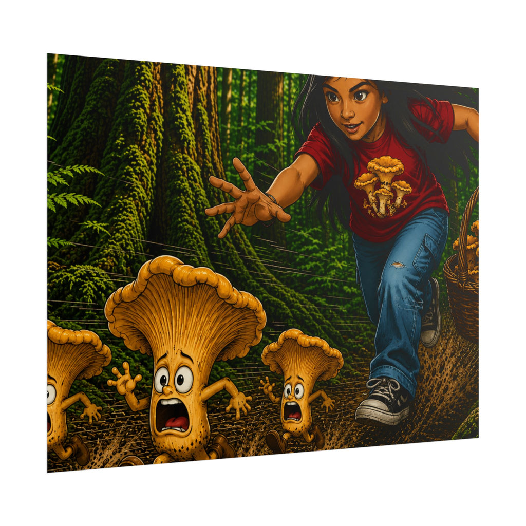 Rolled Poster: Girl Chasing Animated Mushrooms Forest Art Print