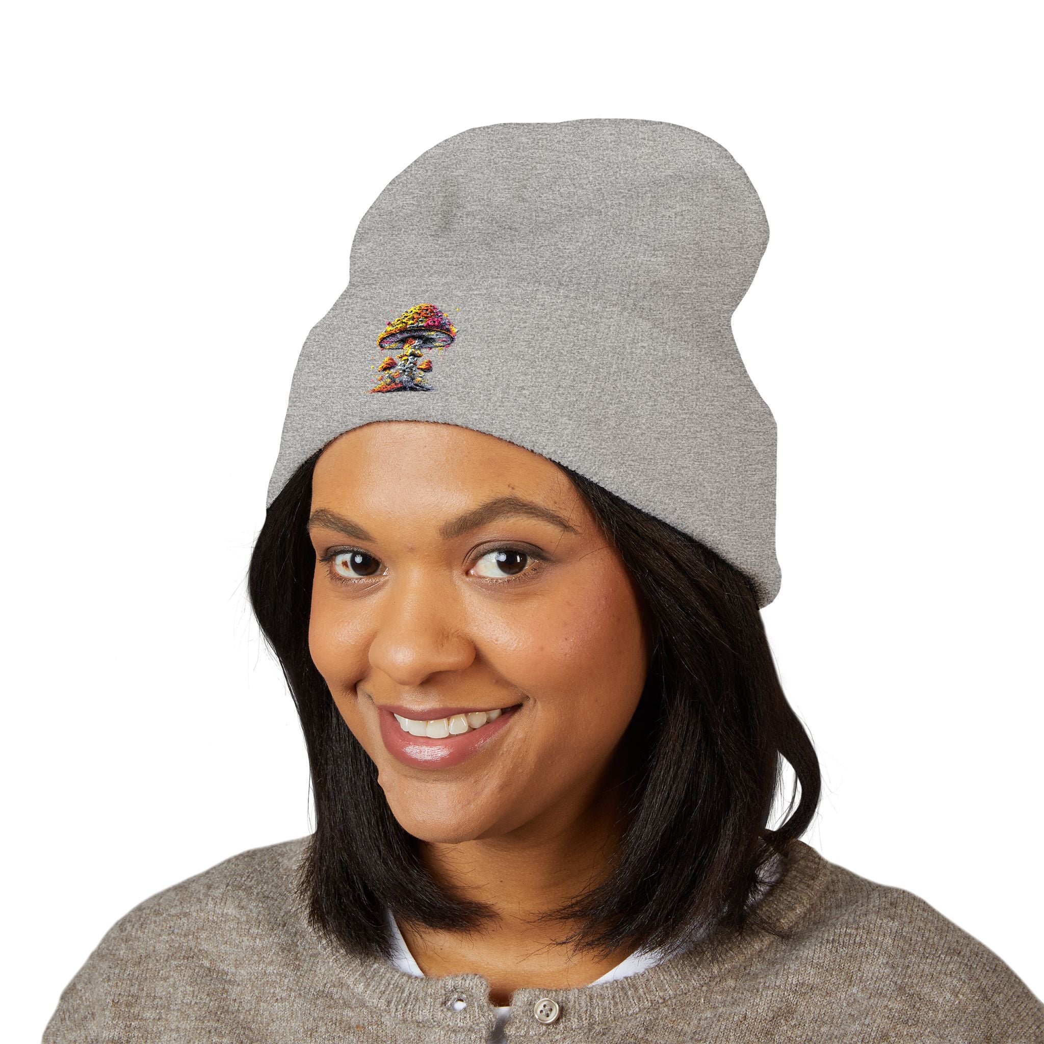 Beanie: Embroidered Colorful Mushroom Beanie — Cute Cuffed Knit Hat