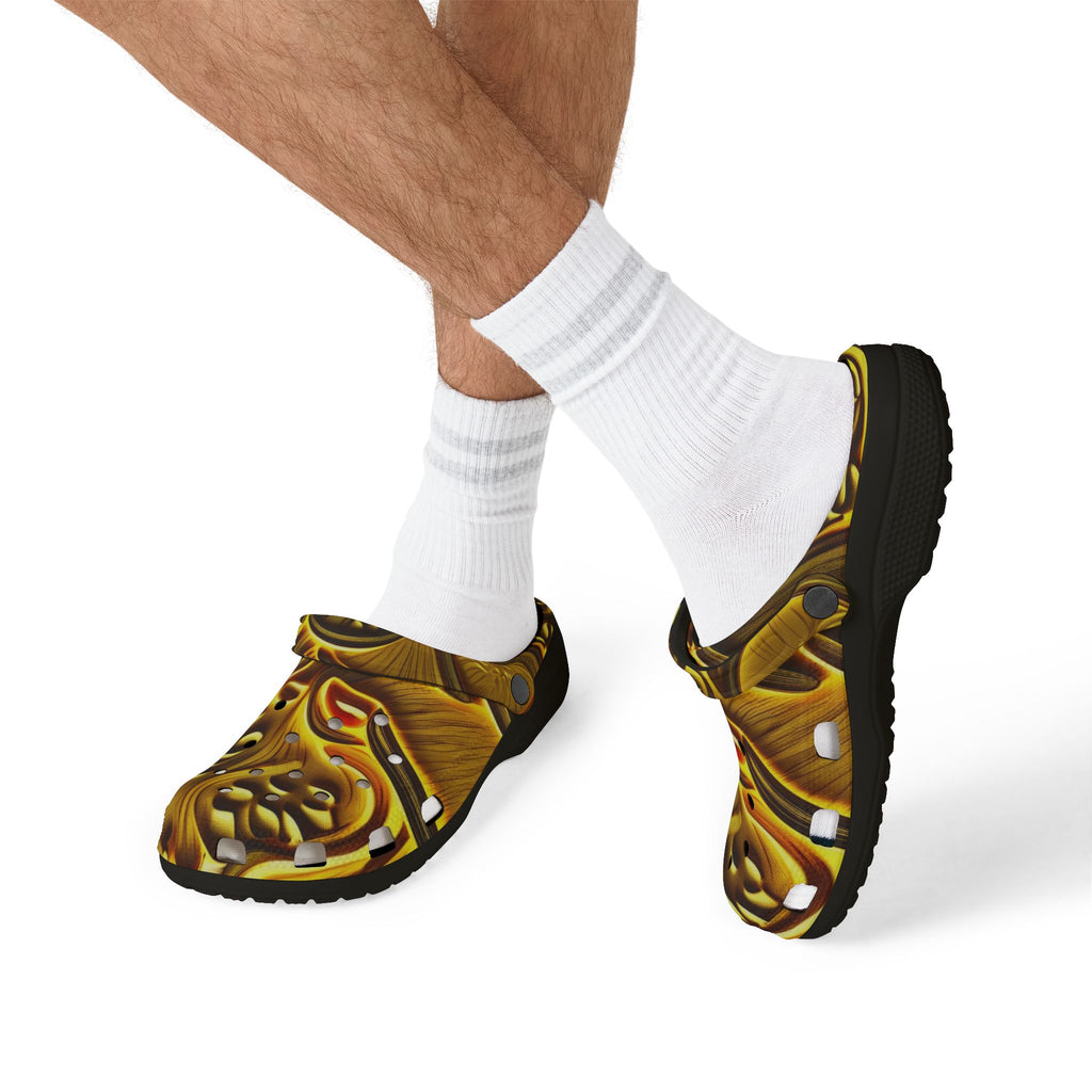 Clogs: Golden Swirl EVA Foam Clogs — Abstract Metallic Pattern Slip-Ons