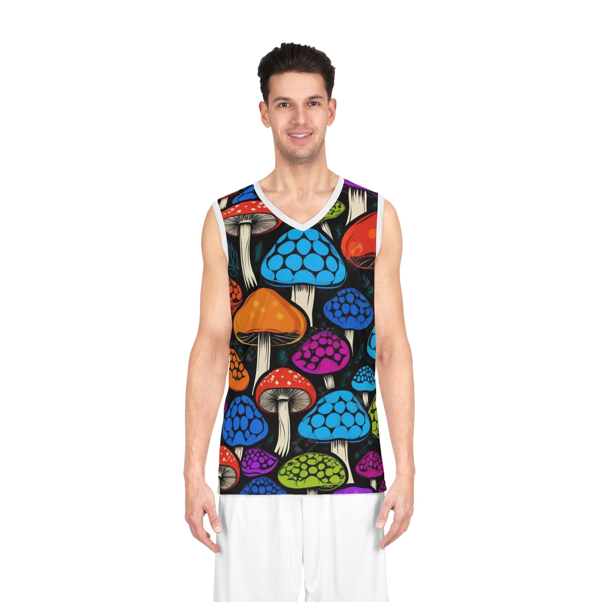 Mushroom Pattern Basketball Jersey – Psychedelic Rainbow Fungi All-Over Print