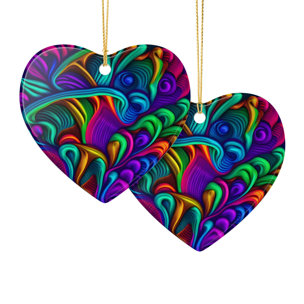 Ceramic Ornament: Heart Ceramic Ornament — Vibrant Abstract Rainbow Swirl Decoration