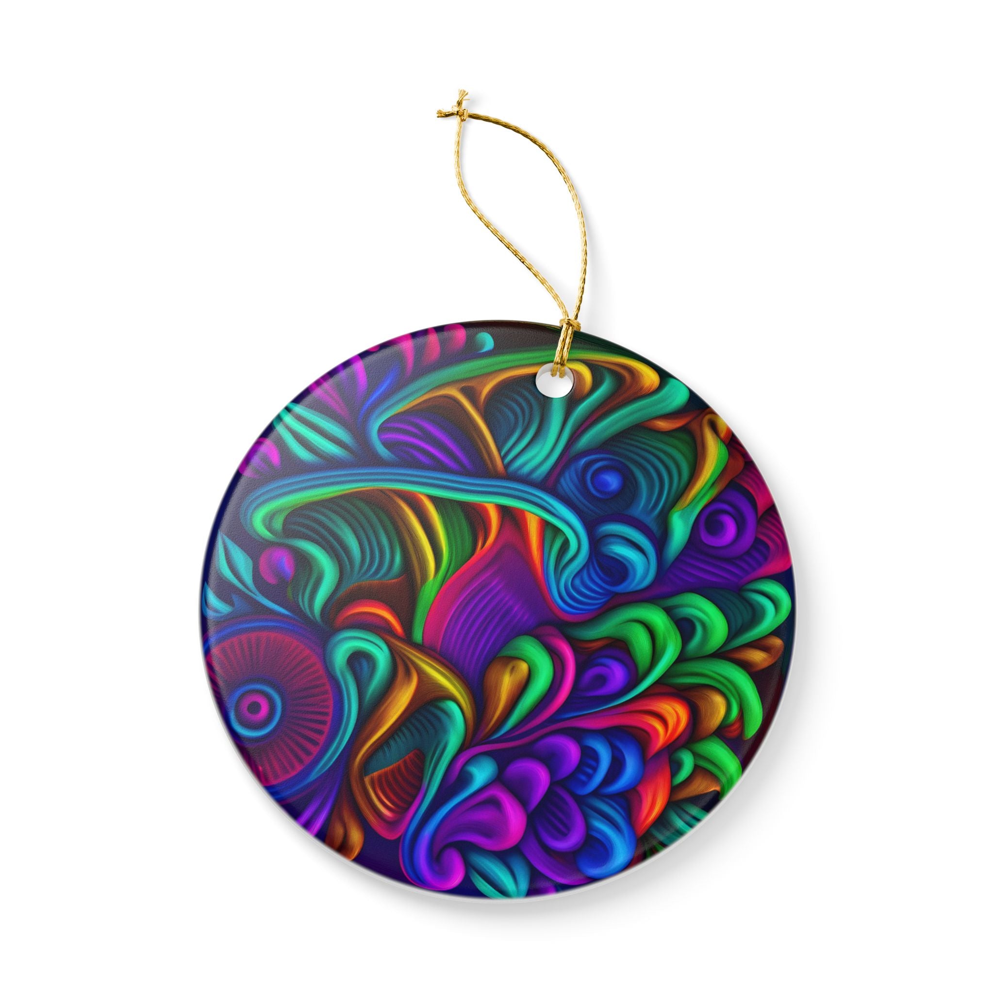 Ceramic Ornament: Heart Ceramic Ornament — Vibrant Abstract Rainbow Swirl Decoration