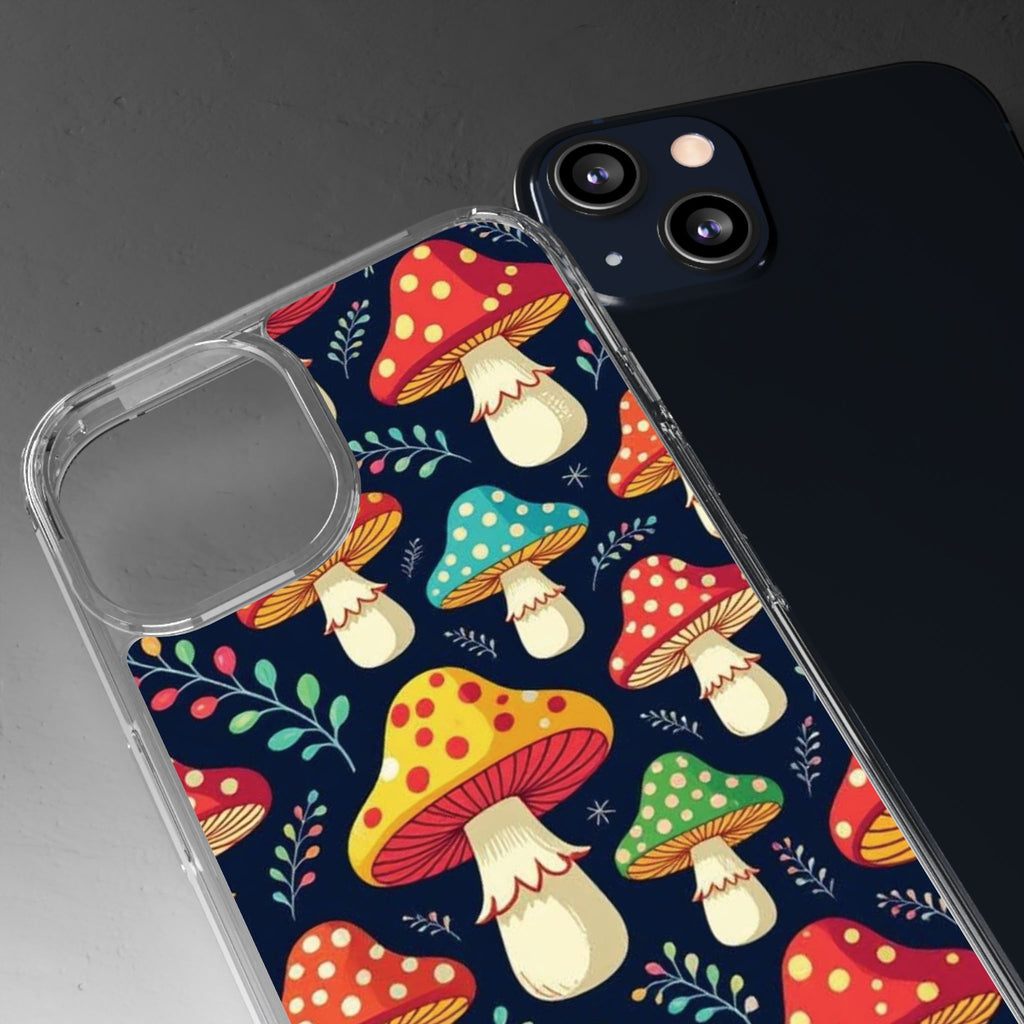Phone Case: Mushroom Pattern Clear Phone Case — Colorful Toadstool Floral Design