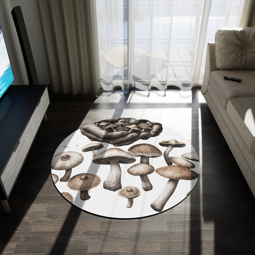 Mushroom Forager Round Rug — Botanical Fungi Floor Mat