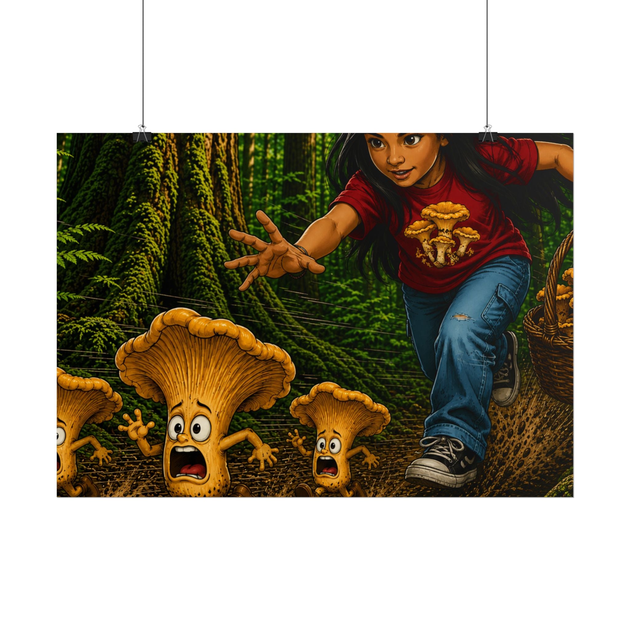 Rolled Poster: Girl Chasing Animated Mushrooms Forest Art Print