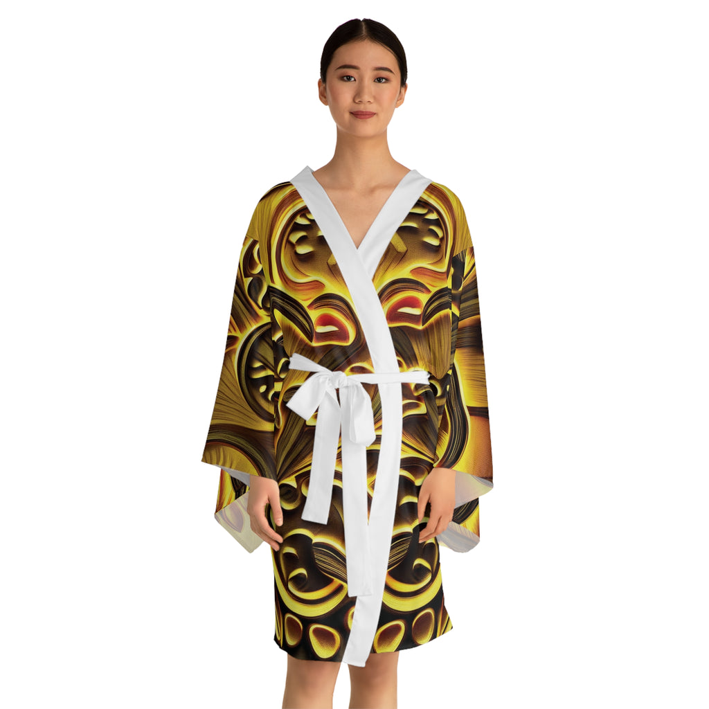 Kimono Robe: Gold Floral Kimono Robe — Decorative All-Over Print Long Sleeve