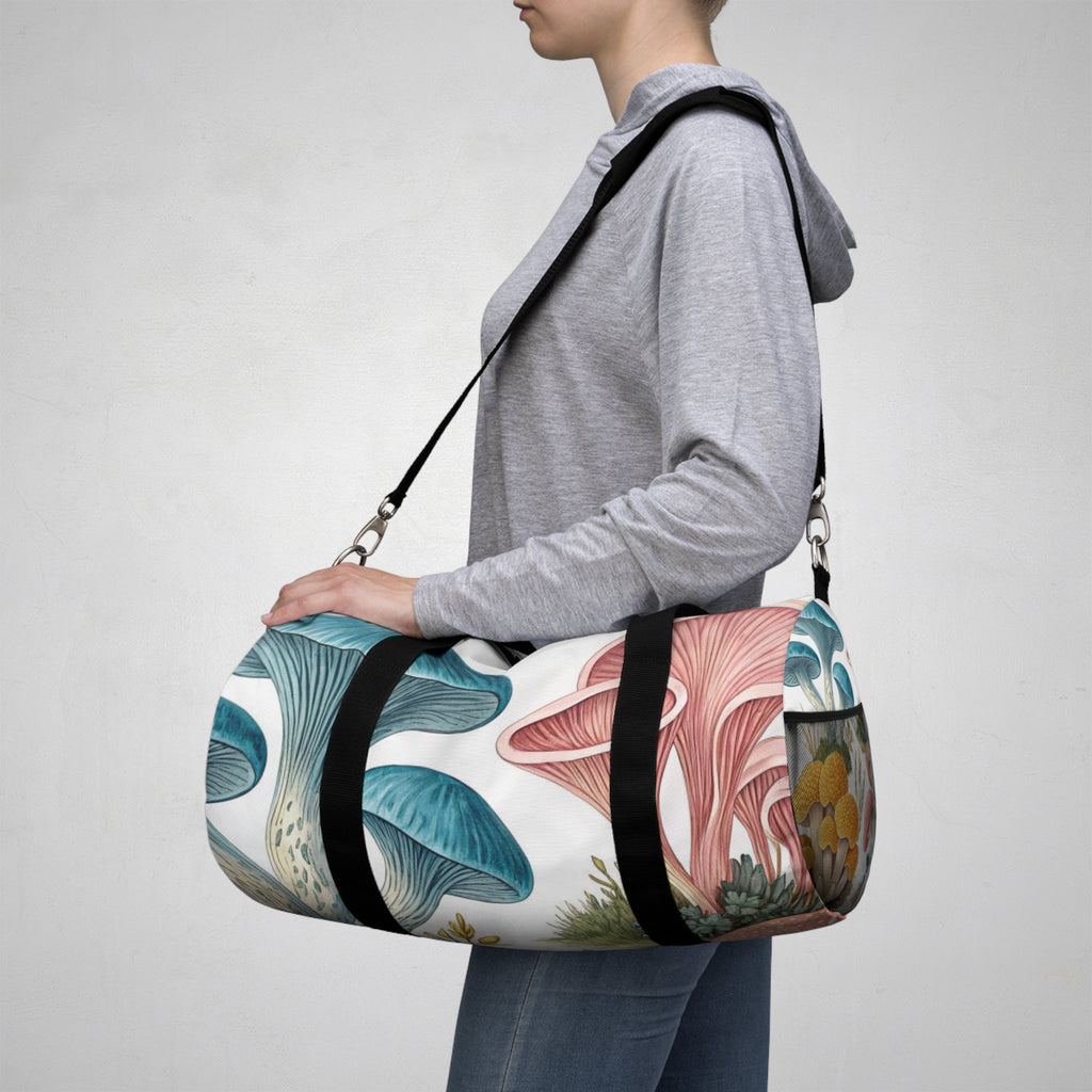 Mushroom Garden Duffel Bag — Botanical Blue & Pink Fungi Travel Bag