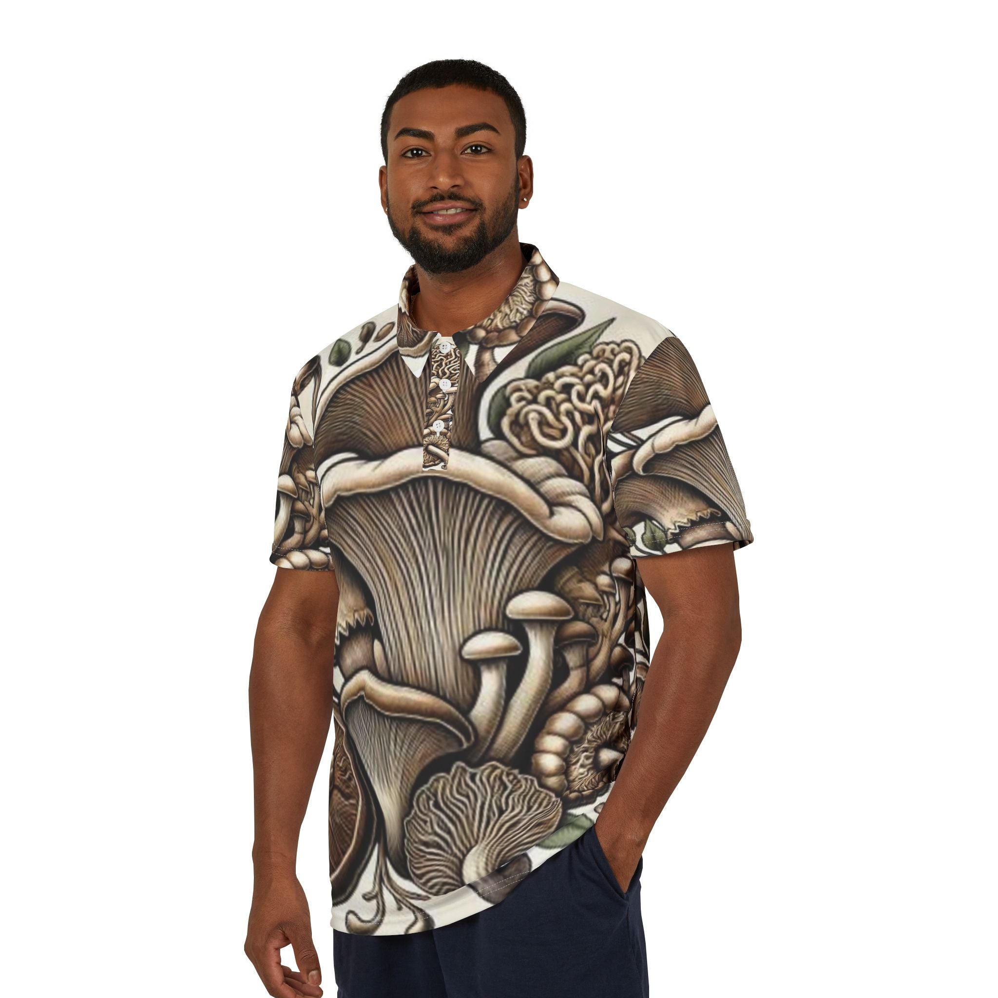 Mushroom Forest Polo Shirt — Earthy Botanical All-Over Print