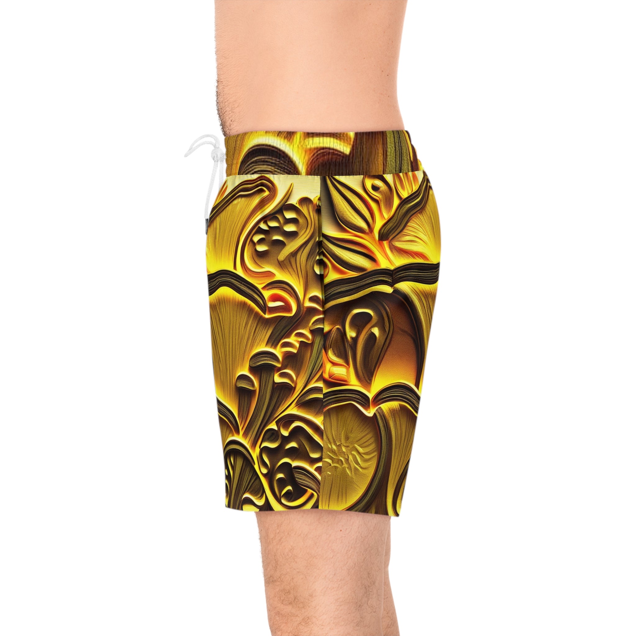 Golden Mushroom Print Swim Shorts — Men’s Mid-Length Tropical Boardshorts