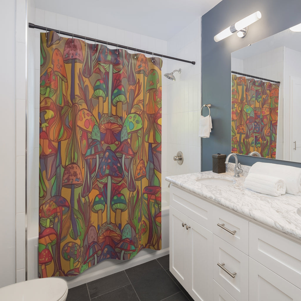 Psychedelic Mushroom Shower Curtain — Colorful Boho Fungi Bathroom Decor