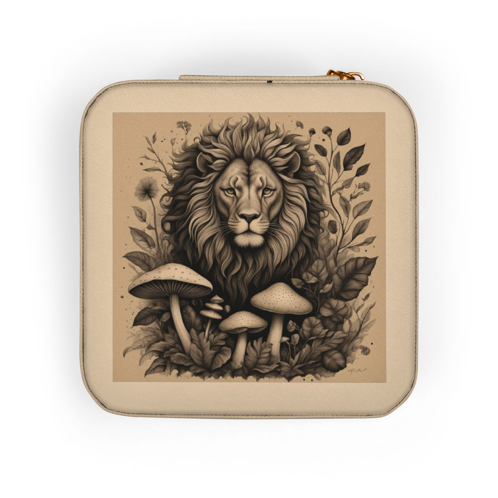 Lion & Mushrooms Jewelry Travel Case — Compact Organizer for Rings, Earrings & Necklaces