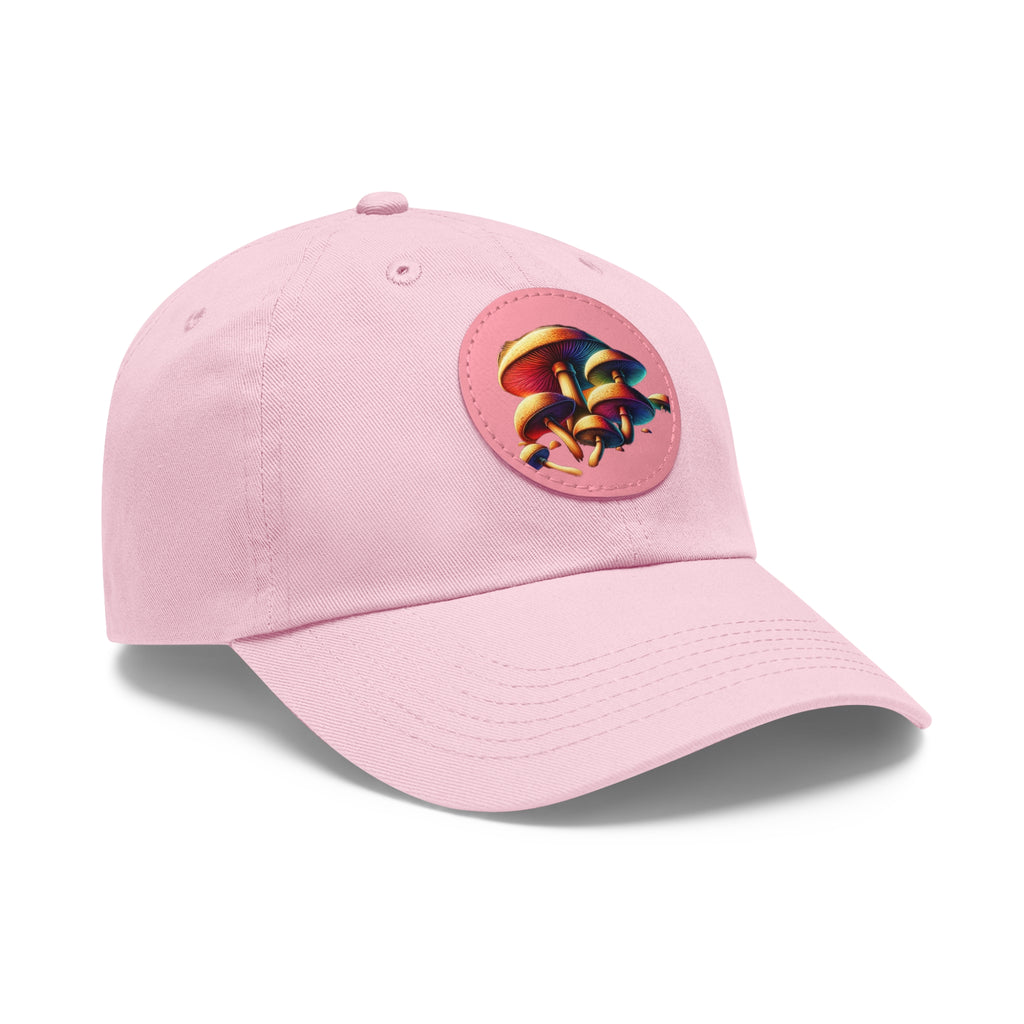 Mushroom Patch Dad Hat — Colorful Psychedelic Fungi Leather Patch Cap