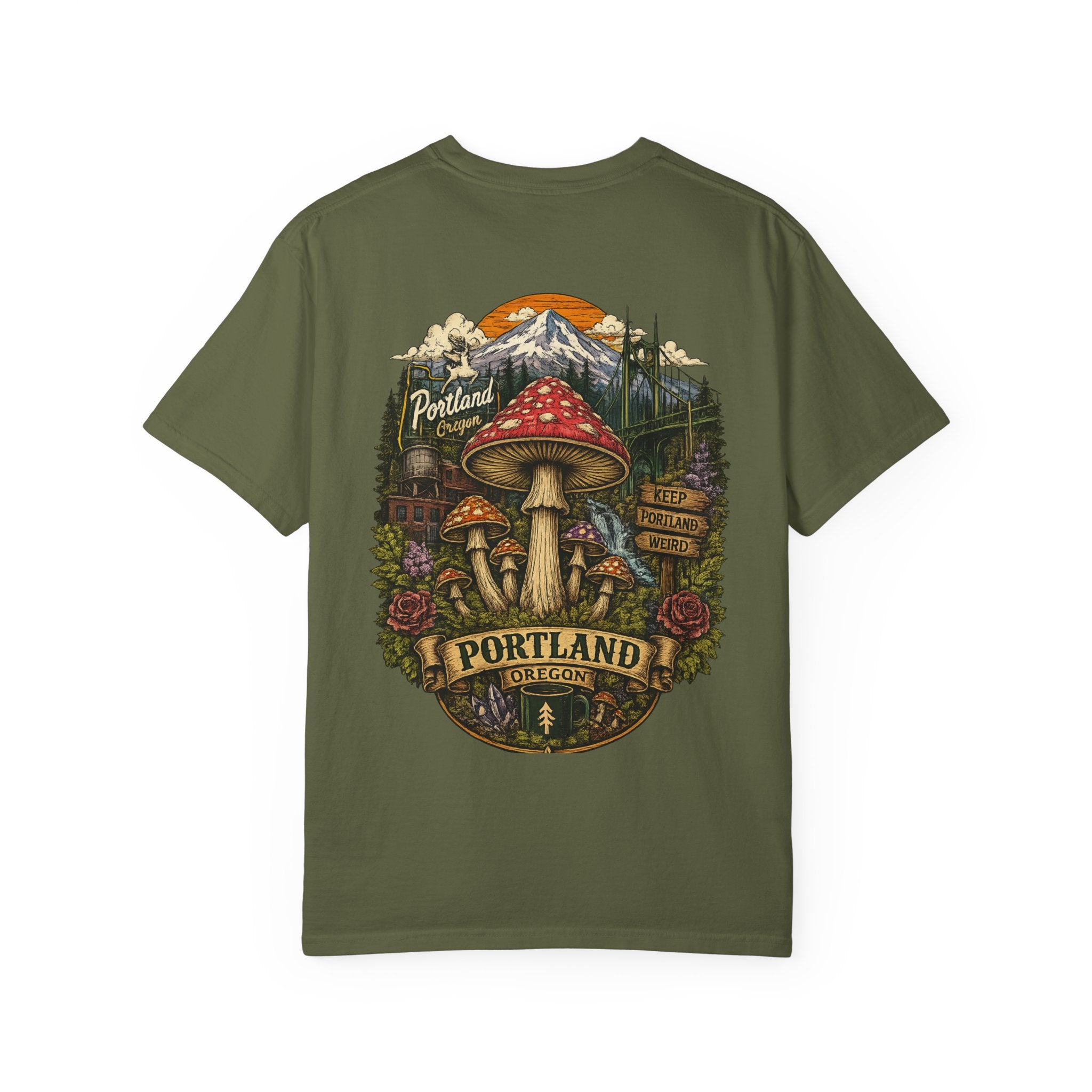 City: Portland Mushroom Graphic T-Shirt — Vintage Forest Amanita Design