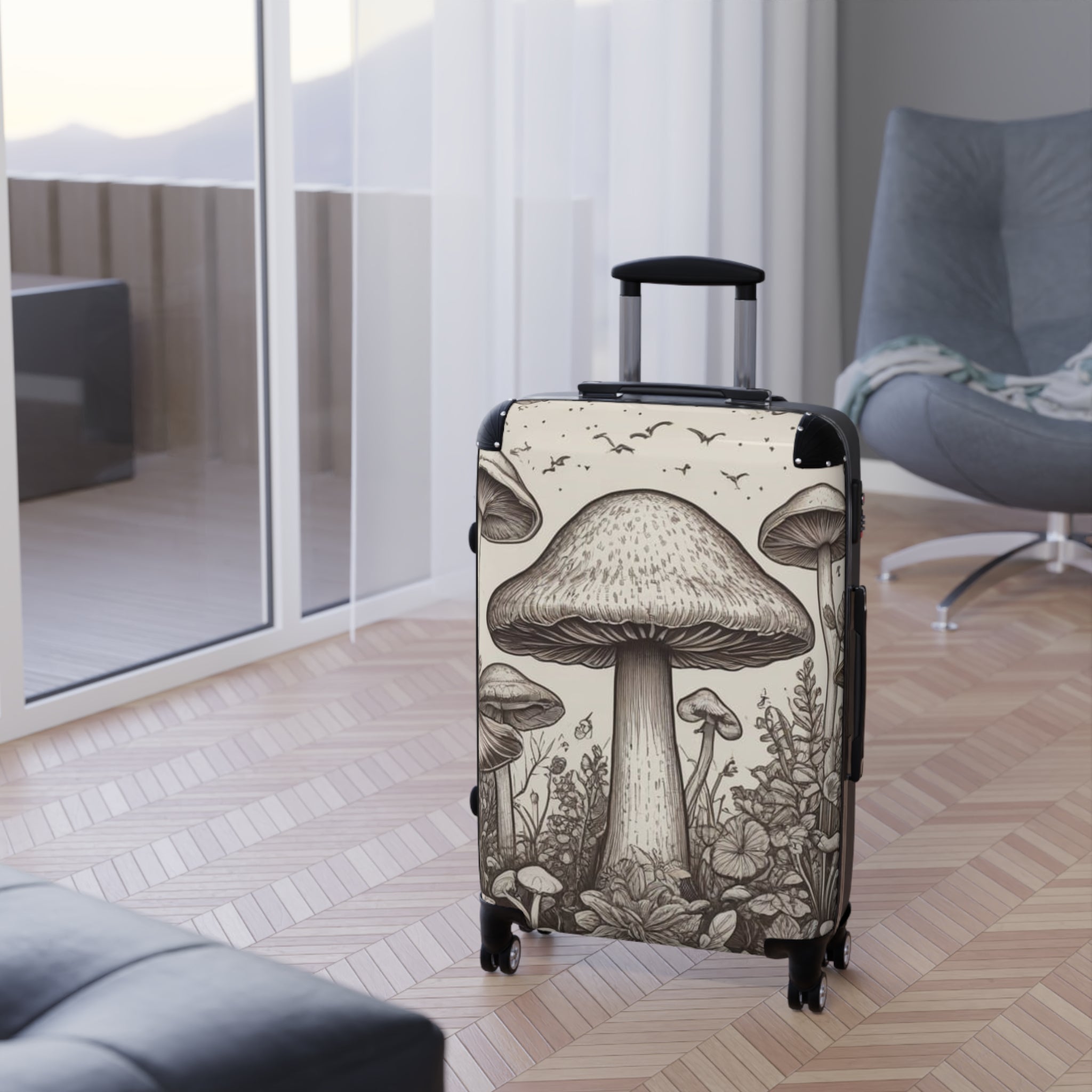 Mushroom Illustration Suitcase – Botanical Fungi Carry-On Luggage