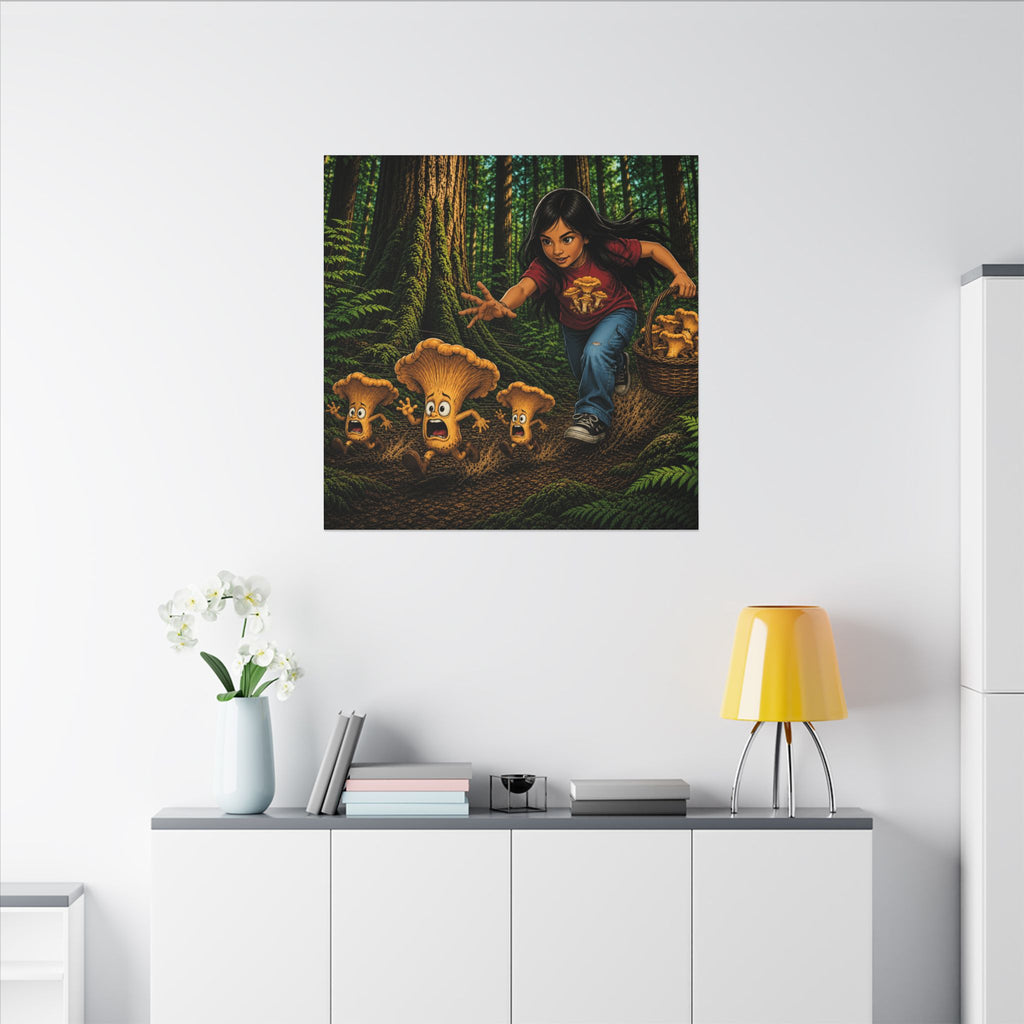 Mushroom Hunt Canvas Print — Kid Chasing Chanterelles Wall Art