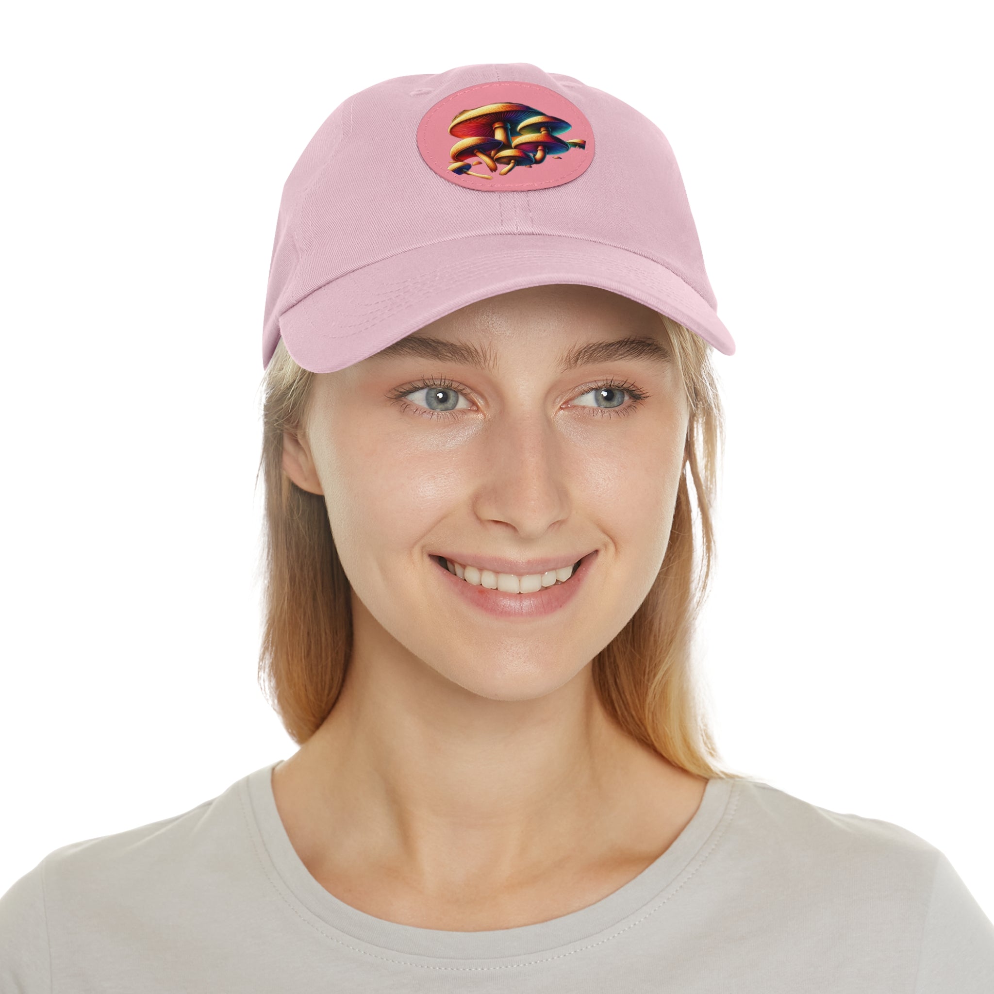 Mushroom Patch Dad Hat — Colorful Psychedelic Fungi Leather Patch Cap