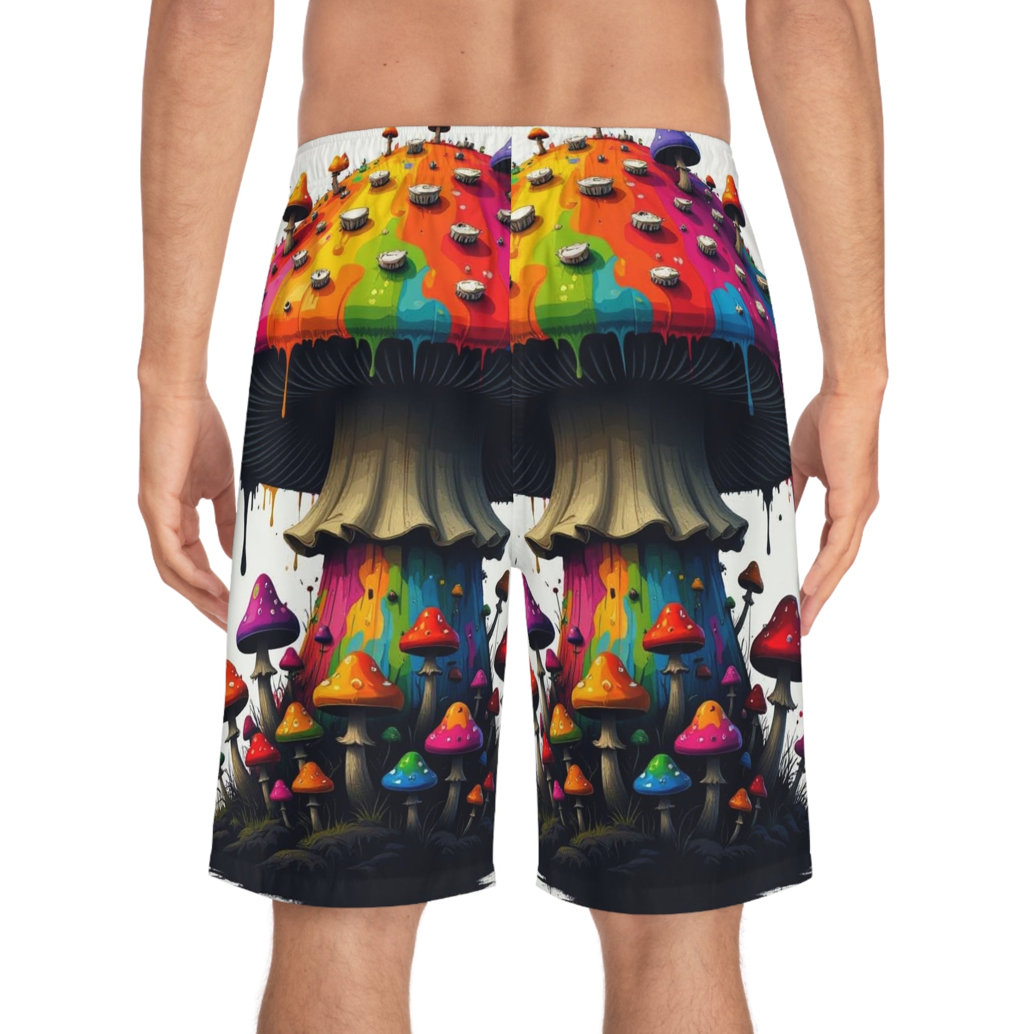 Psychedelic Rainbow Mushroom Board Shorts — Men's All-Over Print