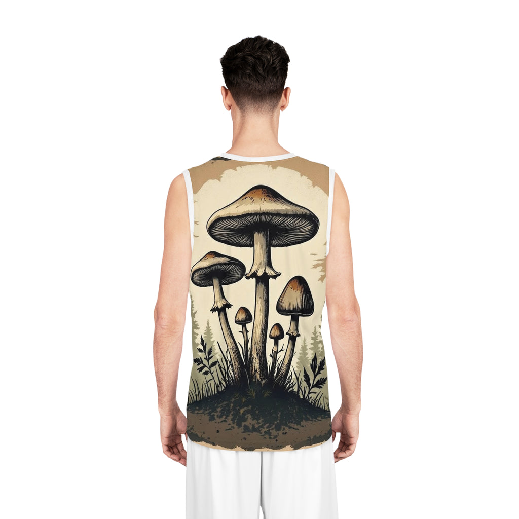 Camiseta de baloncesto Mushroom Forest — Estampado psicodélico vintage de hongos por toda la prenda