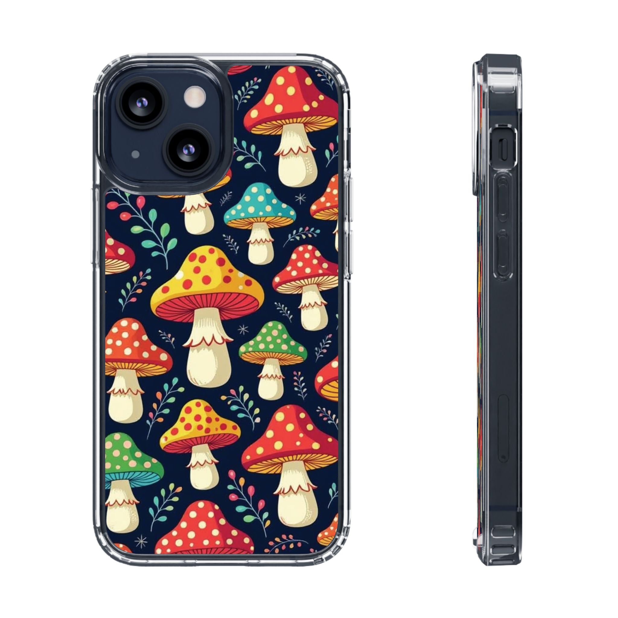 Phone Case: Mushroom Pattern Clear Phone Case — Colorful Toadstool Floral Design