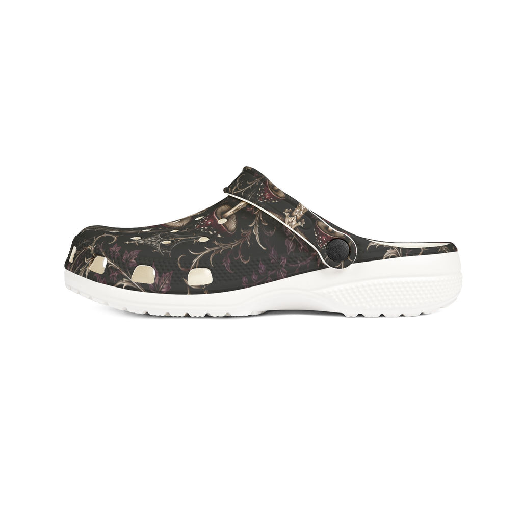 Clogs: Mushroom Garden EVA Foam Clogs — Lightweight Comfort Shoes with Dark Fungi Print