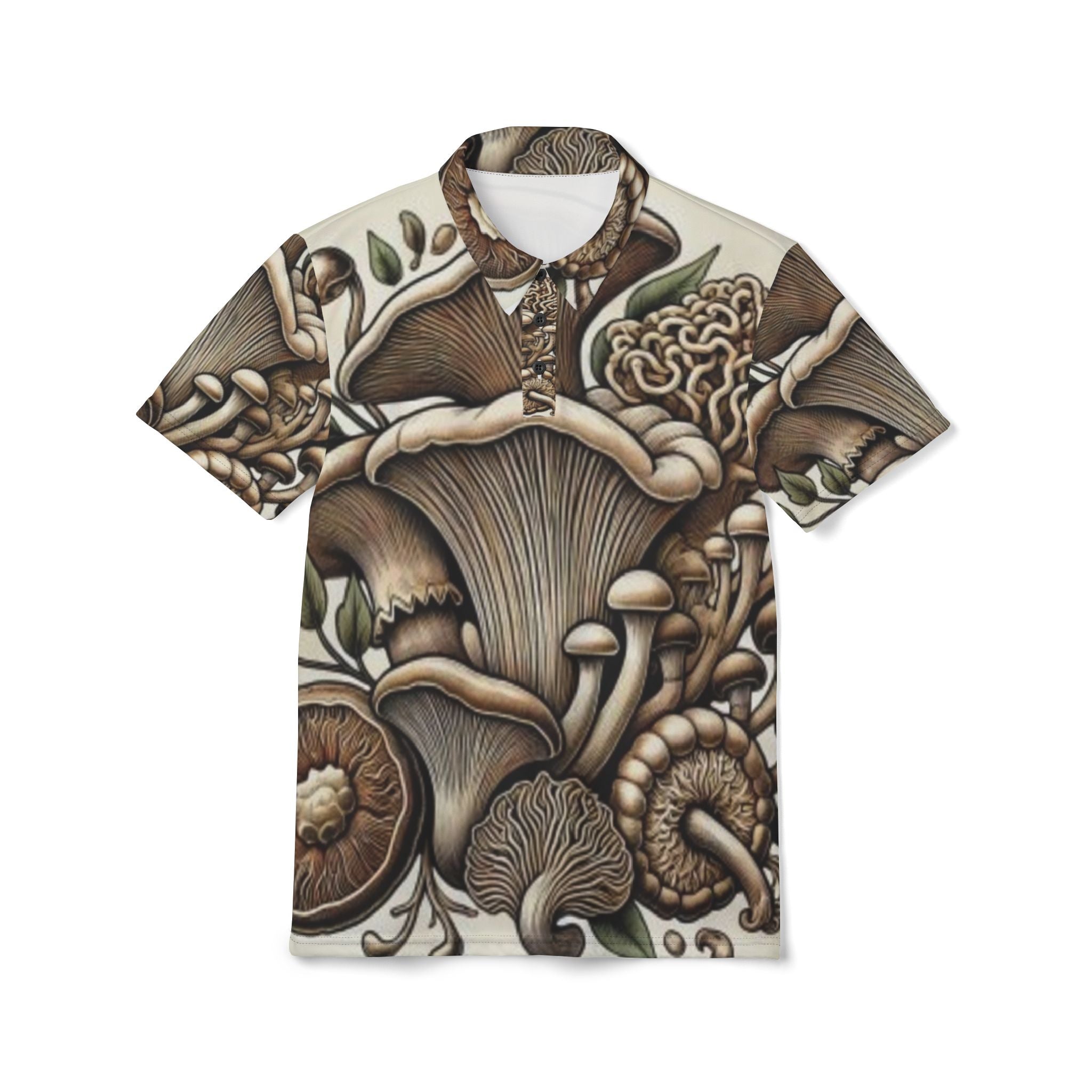 Mushroom Forest Polo Shirt — Earthy Botanical All-Over Print
