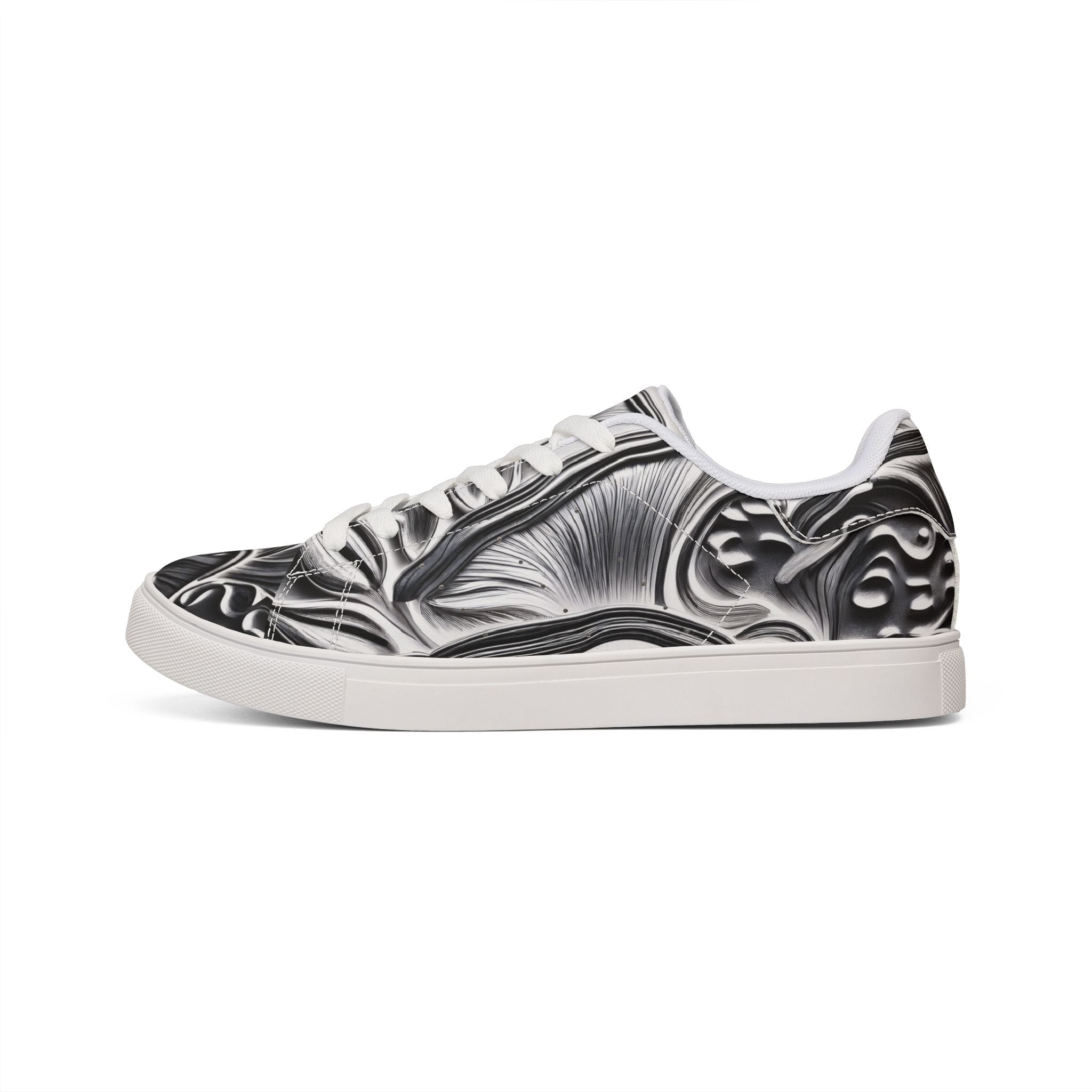 Men's Low-Top Leather Sneakers — Monochrome Abstract Swirl Design