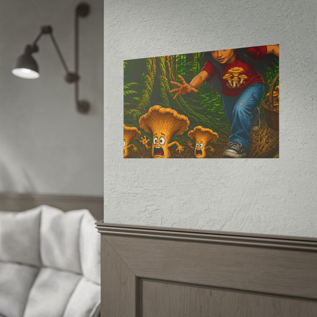 Rolled Poster: Girl Chasing Animated Mushrooms Forest Art Print