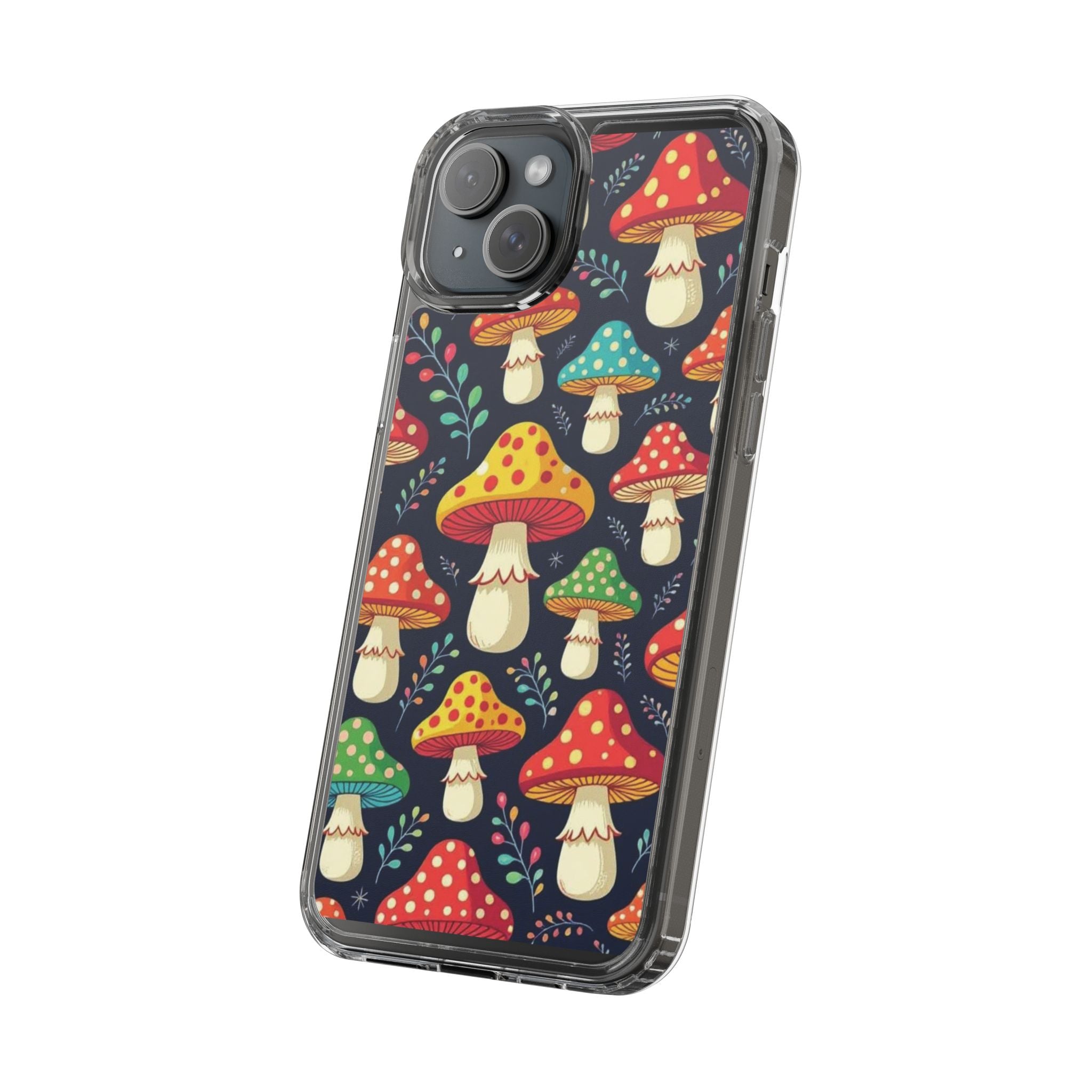 Phone Case: Mushroom Pattern Clear Phone Case — Colorful Toadstool Floral Design