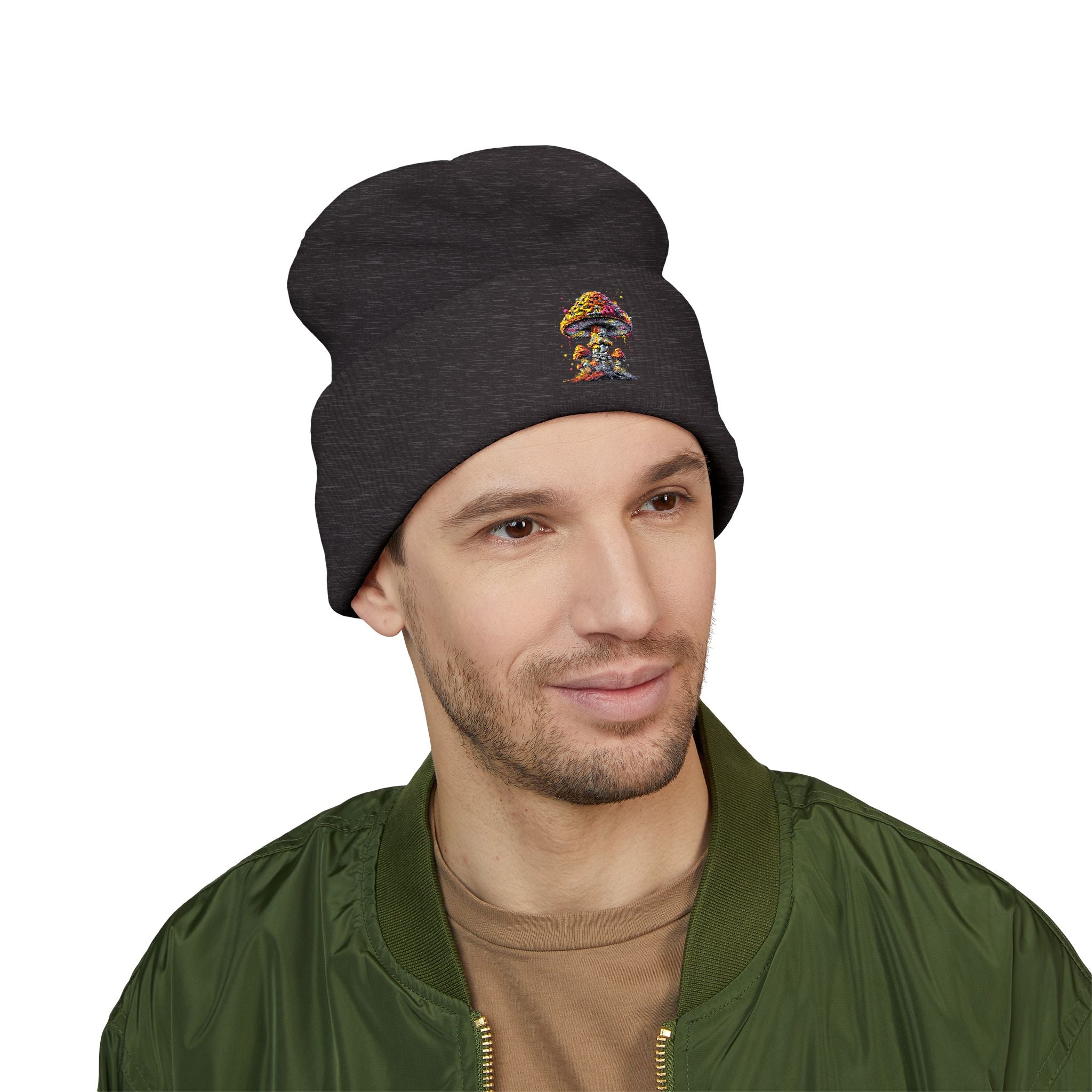 Beanie: Embroidered Colorful Mushroom Beanie — Cute Cuffed Knit Hat