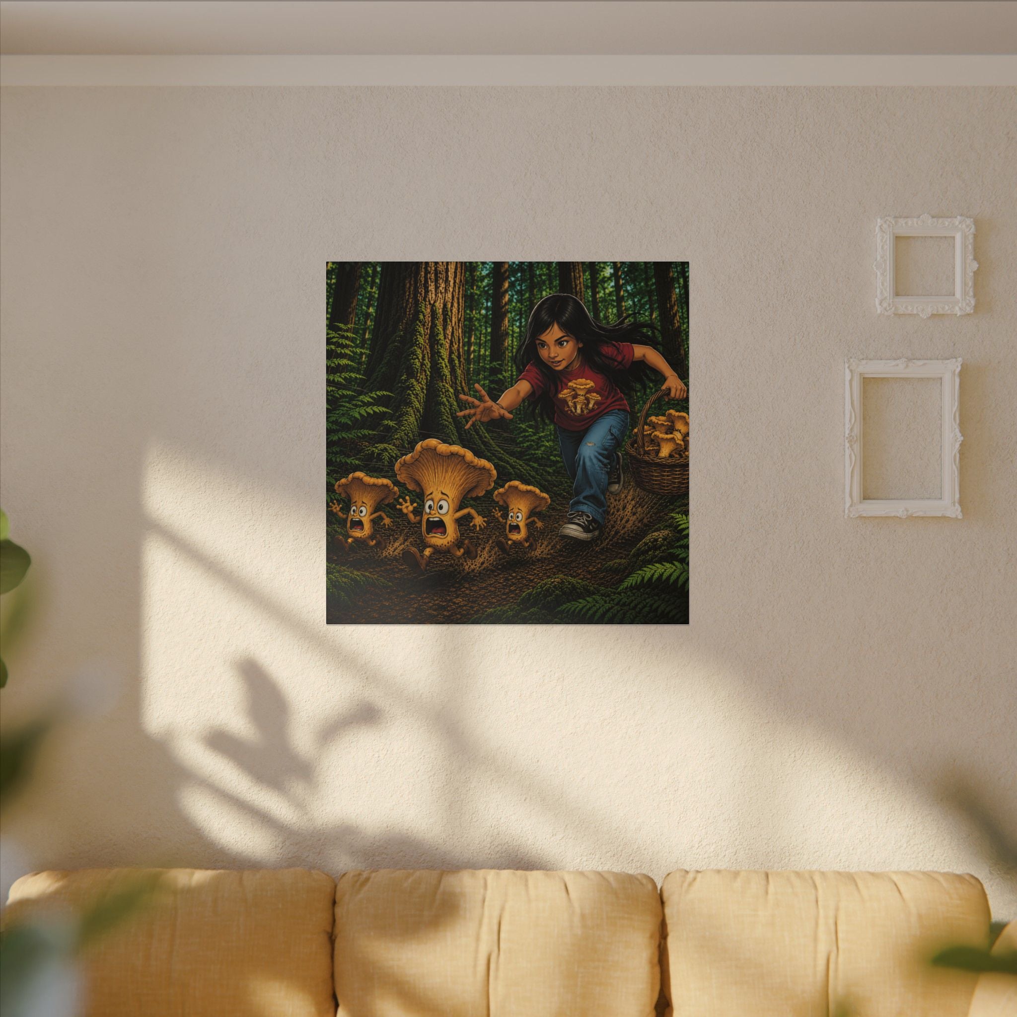 Mushroom Hunt Canvas Print — Kid Chasing Chanterelles Wall Art