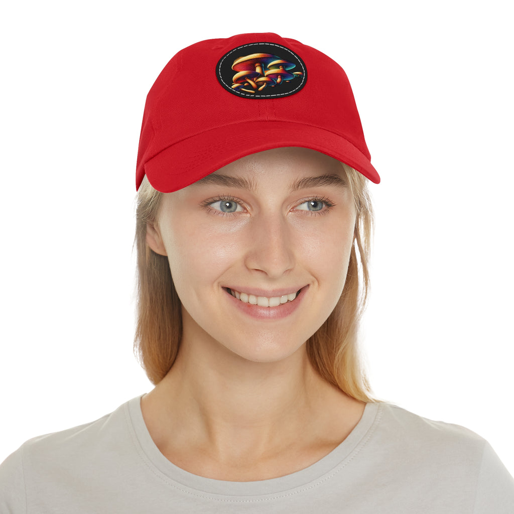 Mushroom Patch Dad Hat — Colorful Psychedelic Fungi Leather Patch Cap