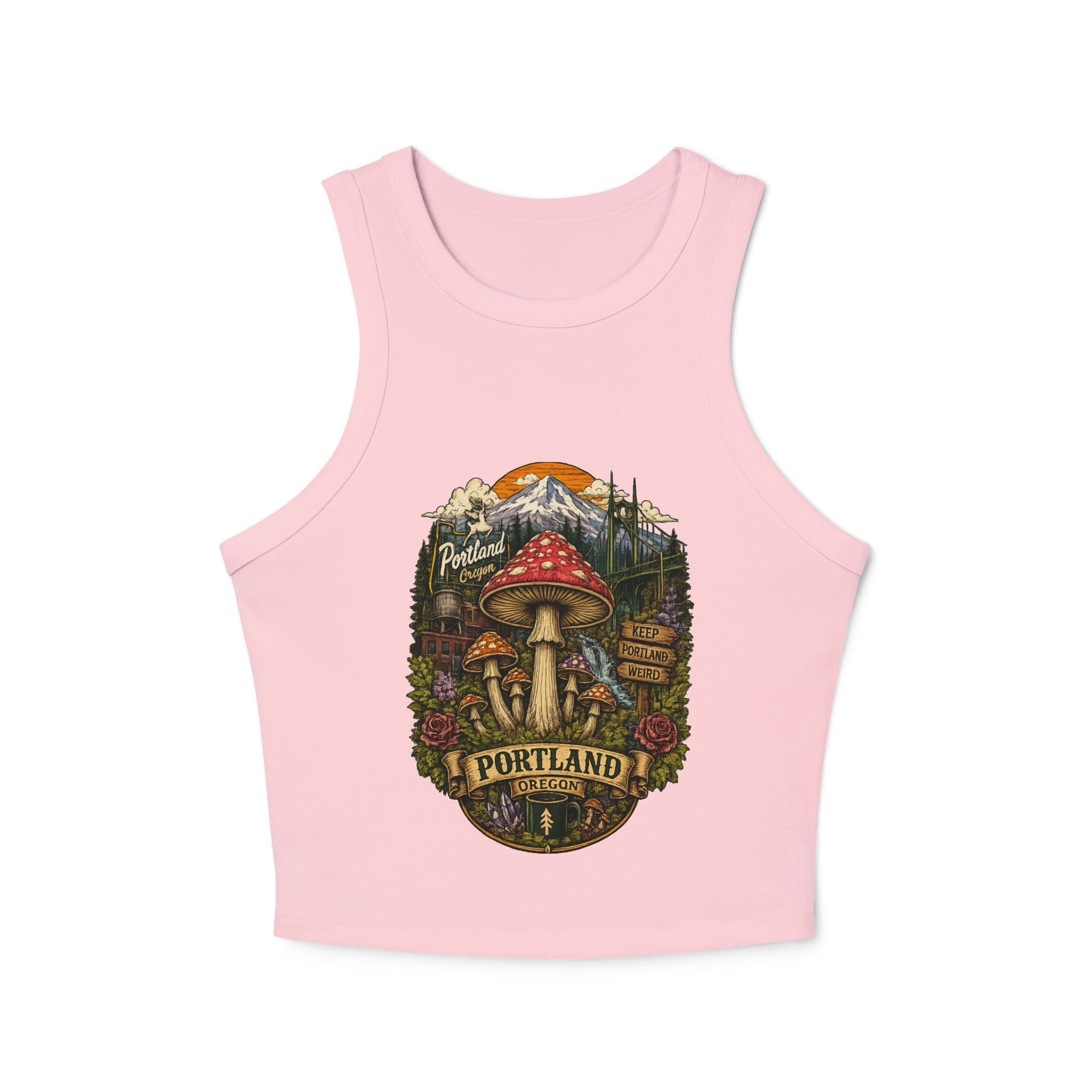 Tank Top: Portland Mushroom Graphic Tank — Women's Crop Racerback Tank Top
