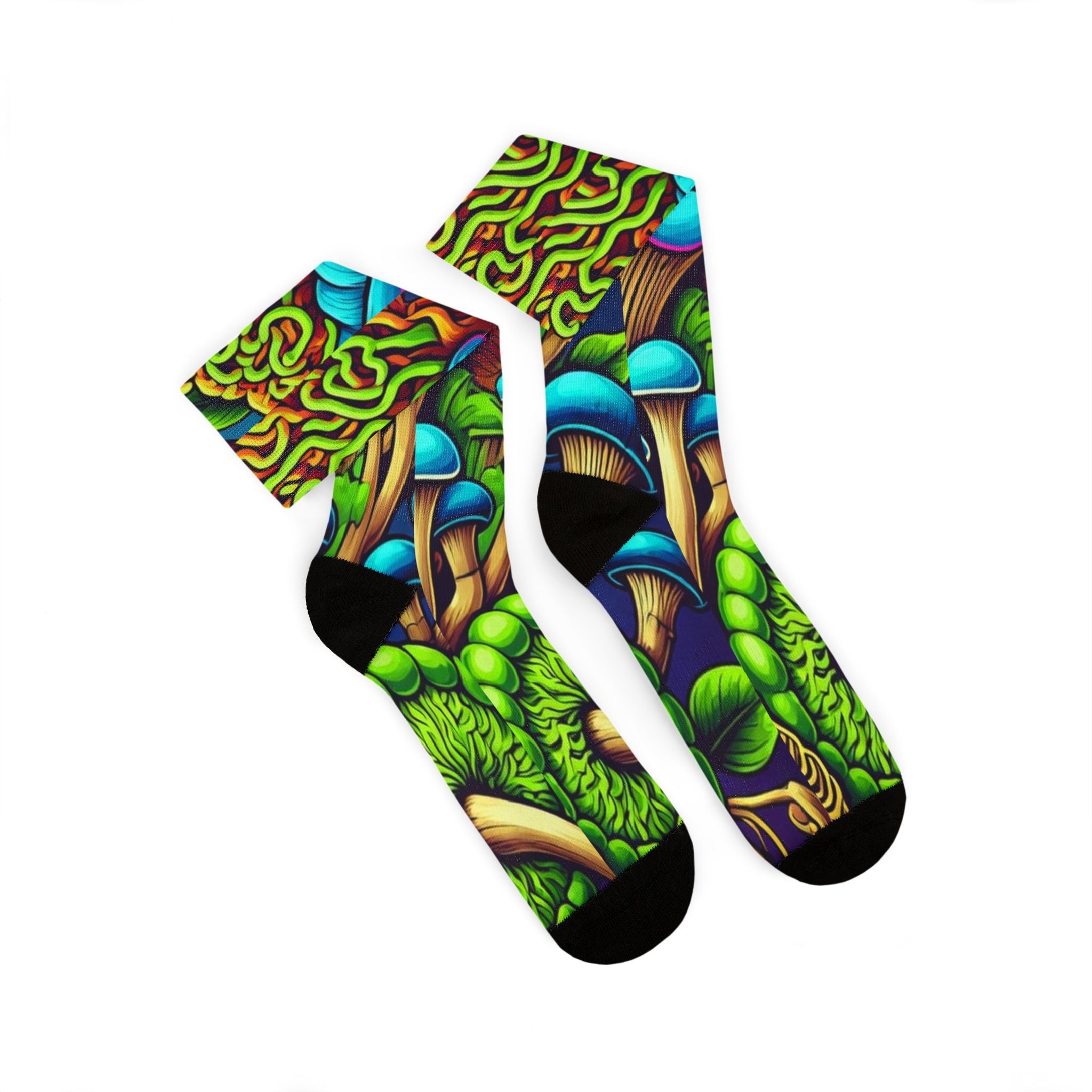 Socks: Psychedelic Mushroom Socks — Vibrant Green Fungi Sublimation Crew Socks