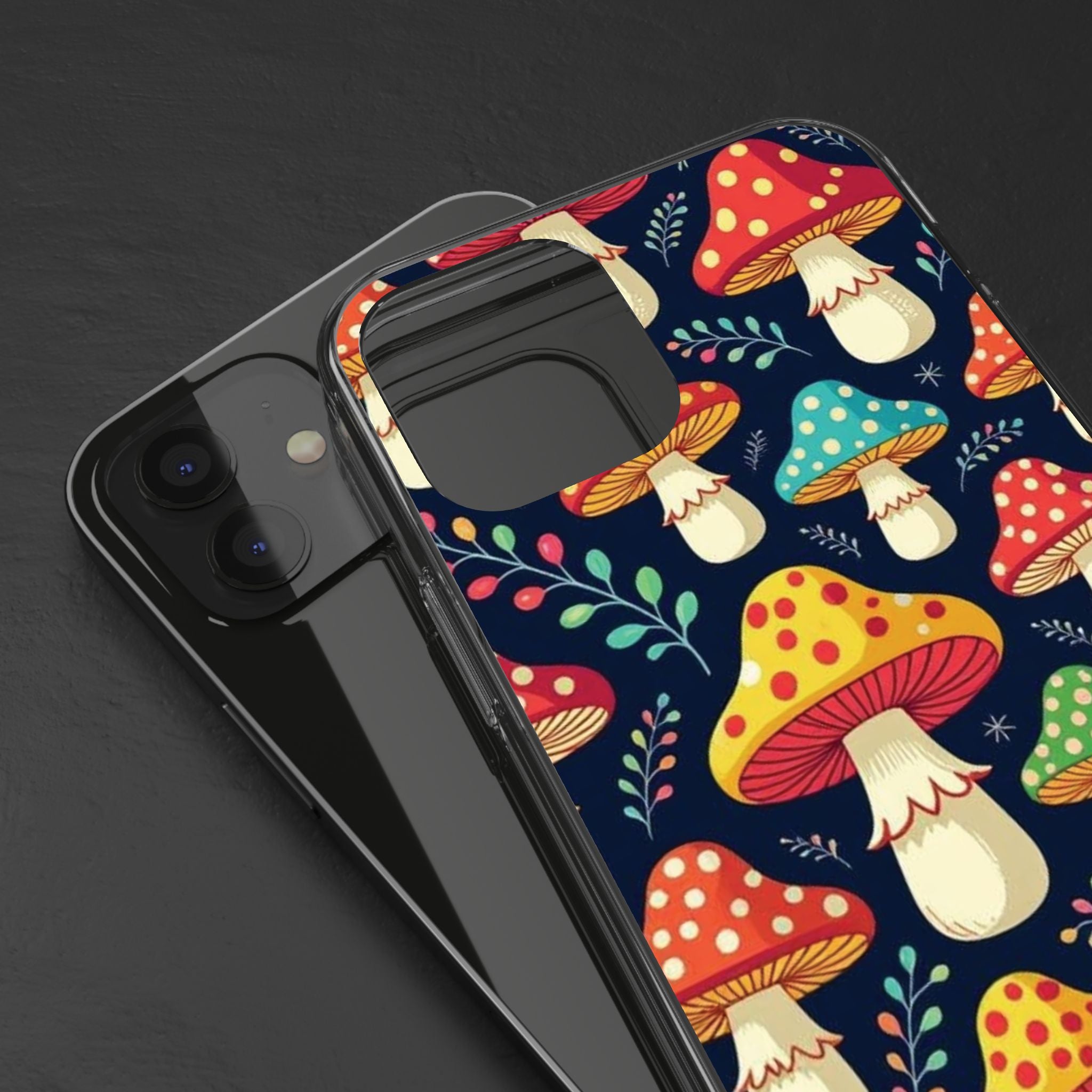 Phone Case: Mushroom Pattern Clear Phone Case — Colorful Toadstool Floral Design