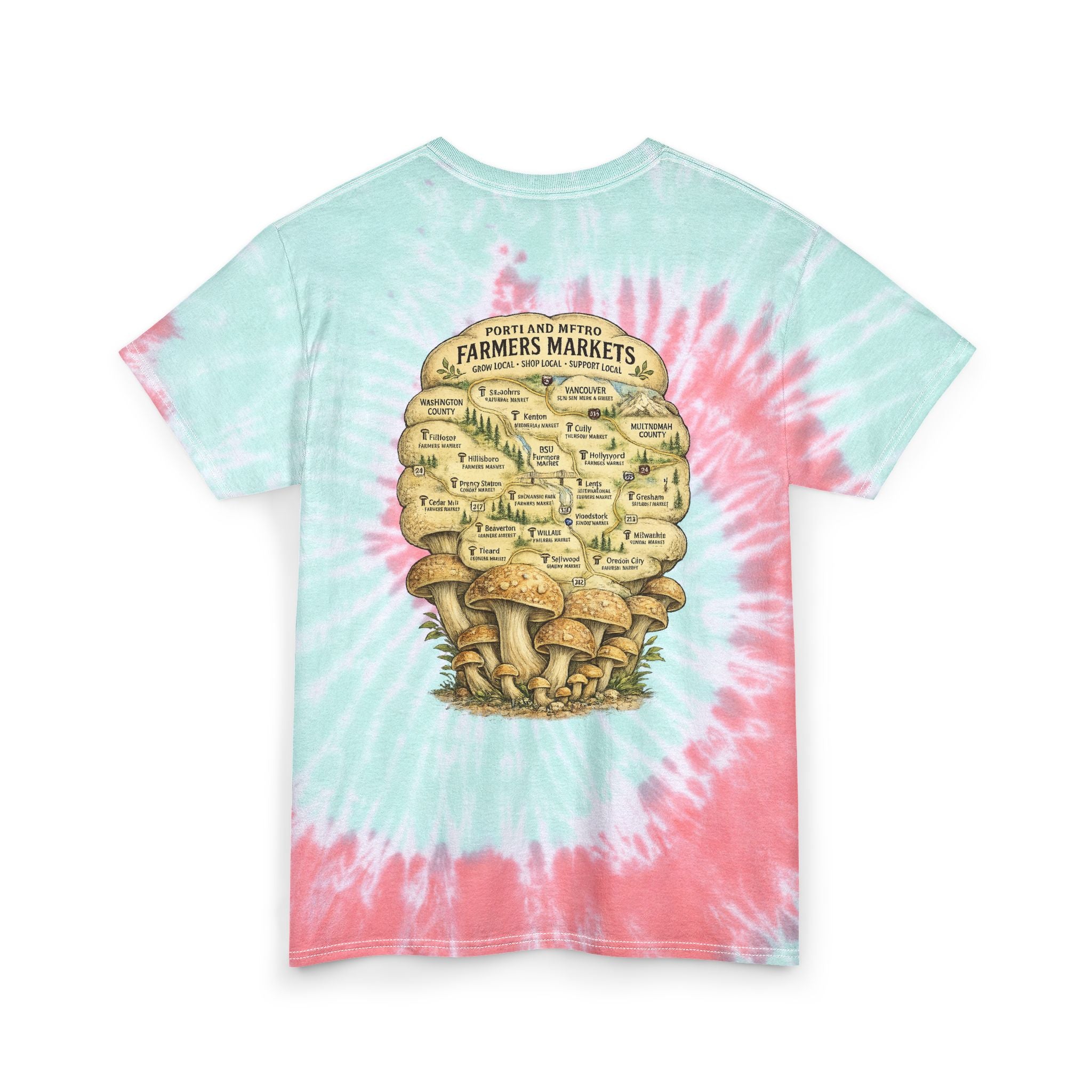 Tie-Dye T-Shirt — Vintage Mushroom Skull Scenic Print (Farmers Market Map)