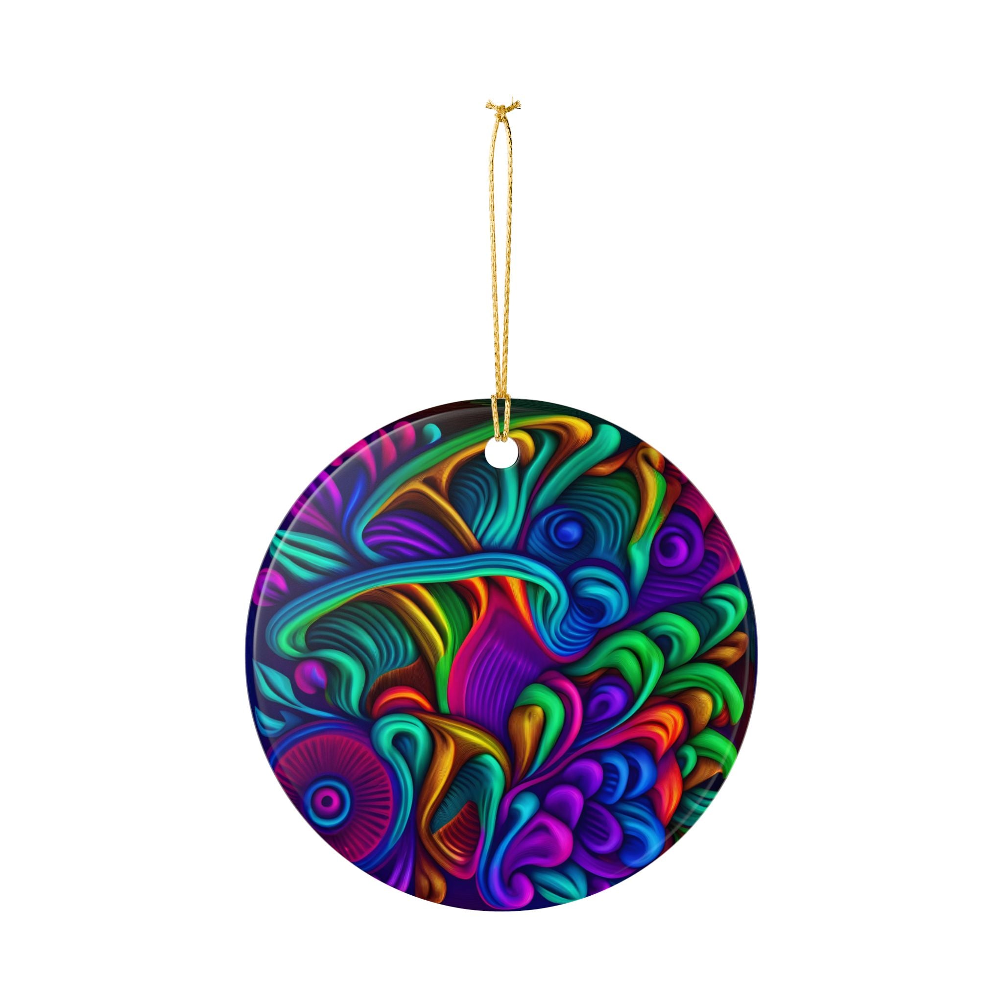 Ceramic Ornament: Heart Ceramic Ornament — Vibrant Abstract Rainbow Swirl Decoration